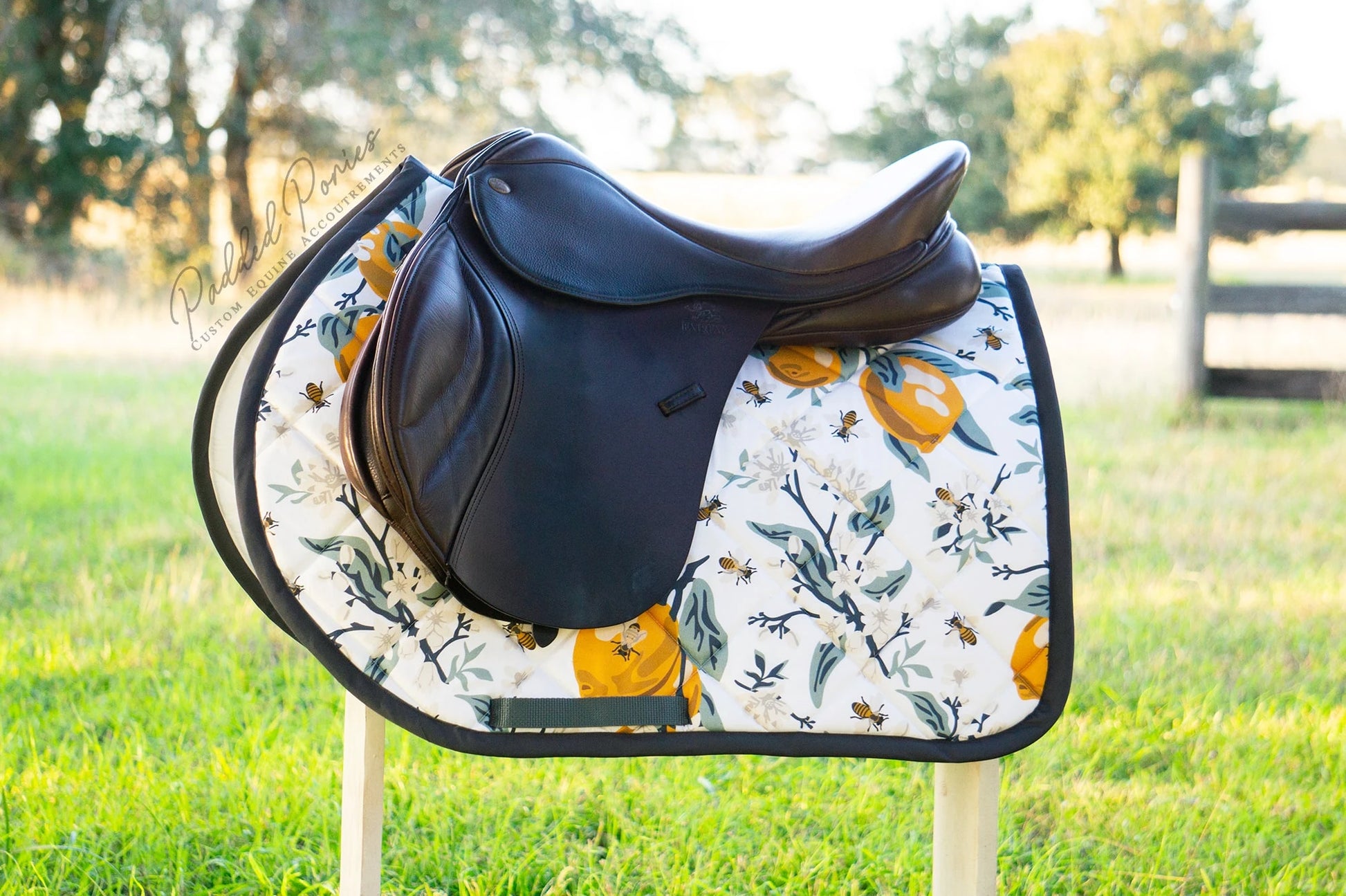 White and Gray Lemons and Bees Floral Jump Saddle Pad