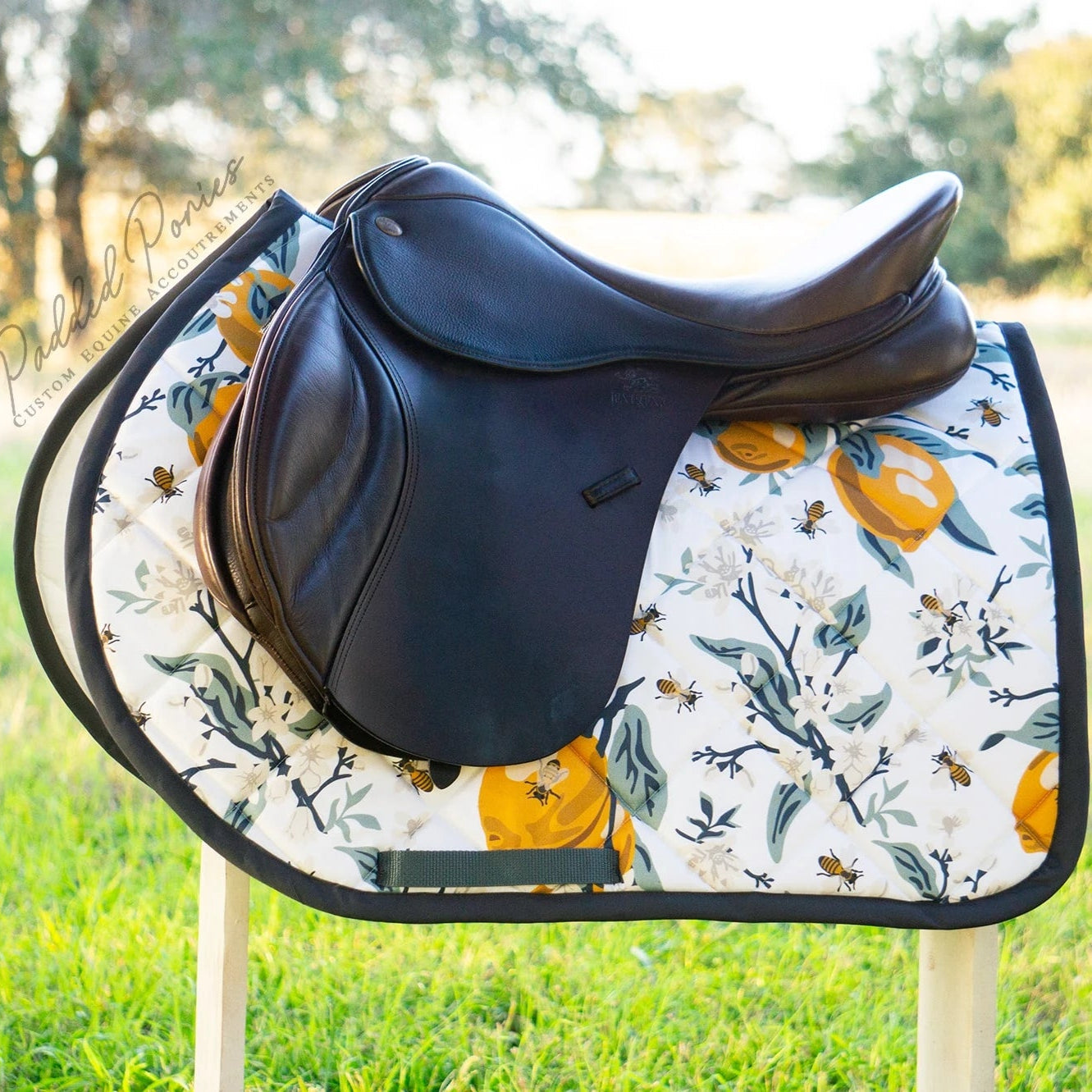 White and Gray Lemons and Bees Floral Jump Saddle Pad