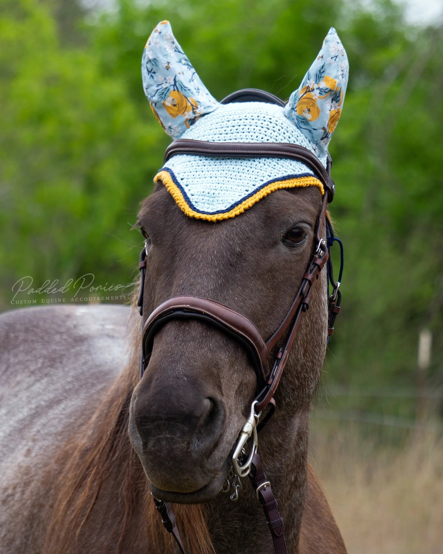 Yellow and Light Blue Lemons and Bees Floral Fly Veil Bonnet
