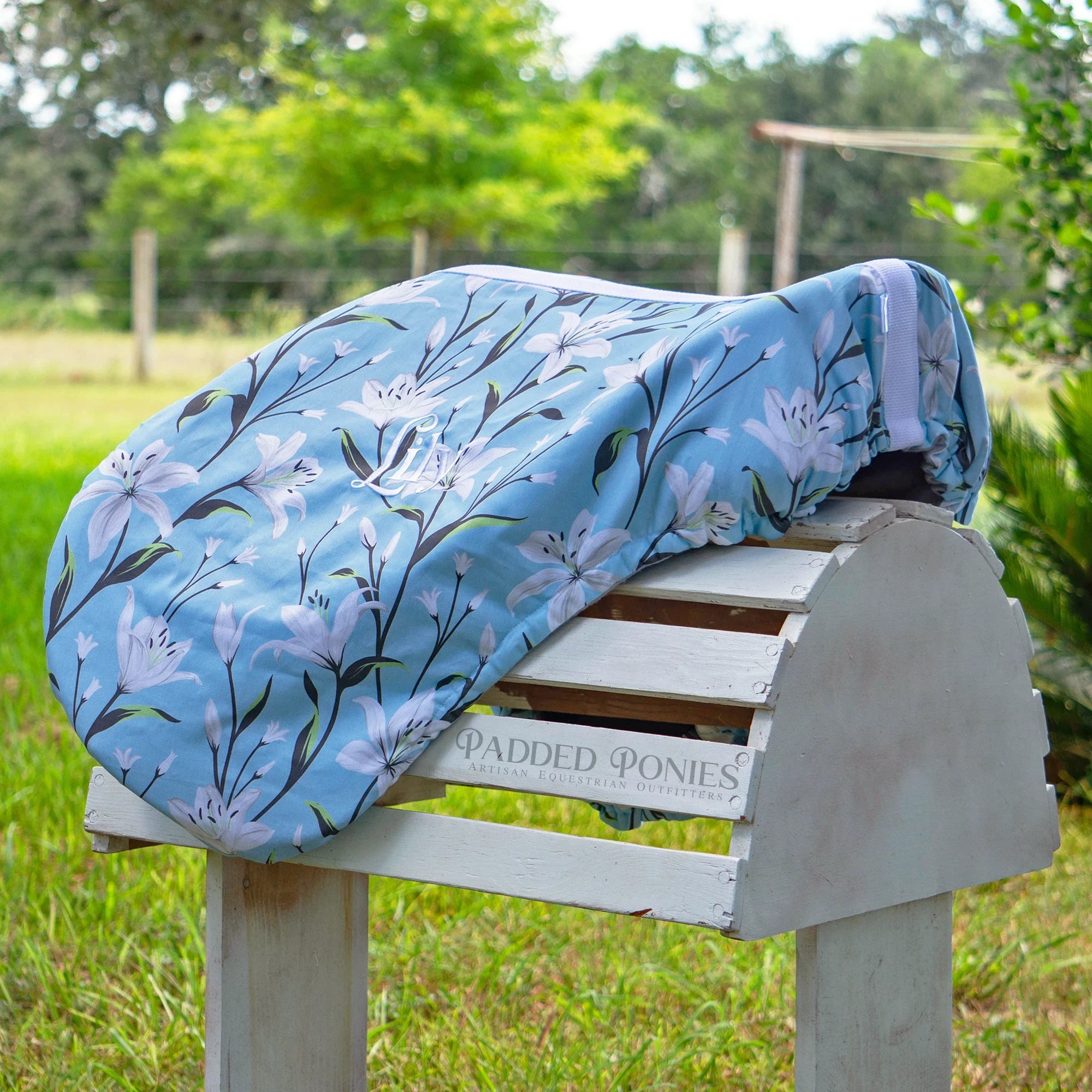 Blue Lilies Floral All Purpose Saddle Cover with Embroidery