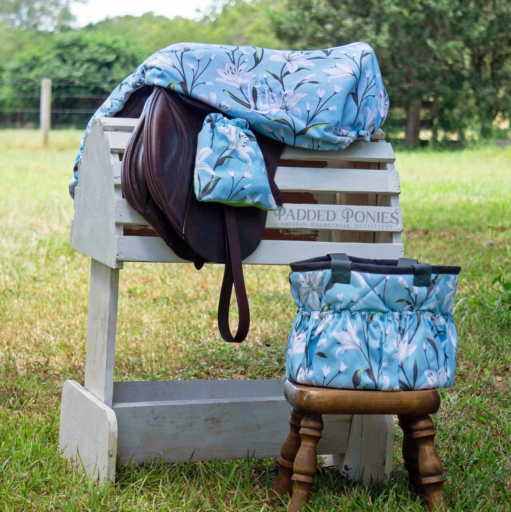 Blue Lilies Floral All Purpose Saddle Cover with Matching Set and Embroidery