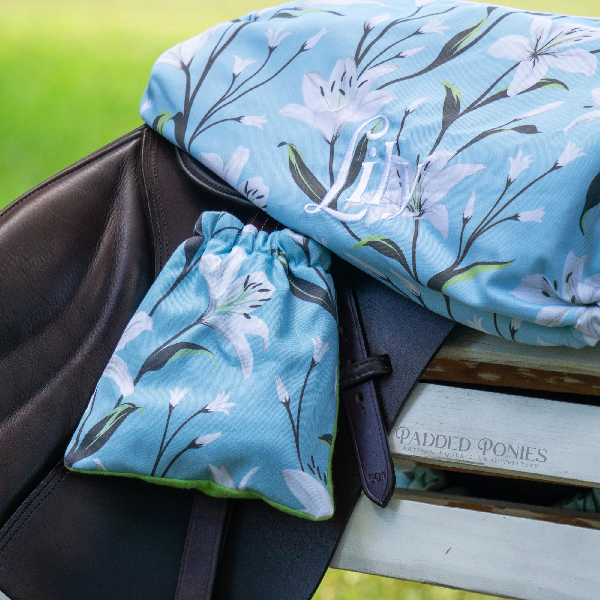 Blue Lilies Floral All Purpose Saddle Cover with Embroidery and Matching Stirrup Covers
