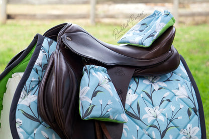 Baby Blue and Gray Lilies Floral All Purpose Saddle Pad with Matching Stirrup Covers