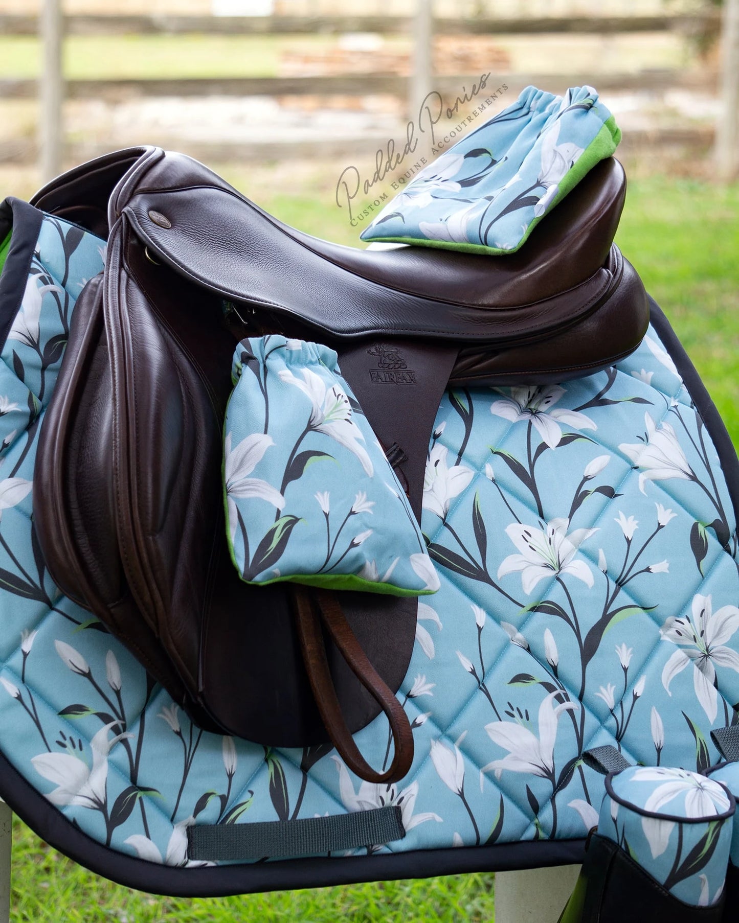 Baby Blue and Gray Lilies Floral All Purpose Saddle Pad with Matching Stirrup Covers and Boot Trees