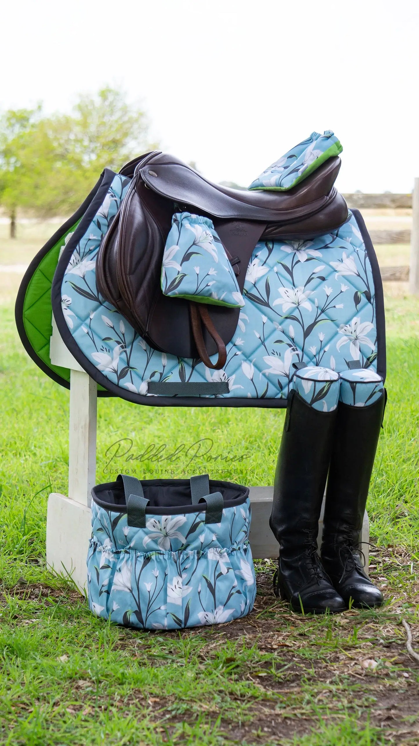 Baby Blue and Gray Lilies Floral All Purpose Saddle Pad and Matching Accessories