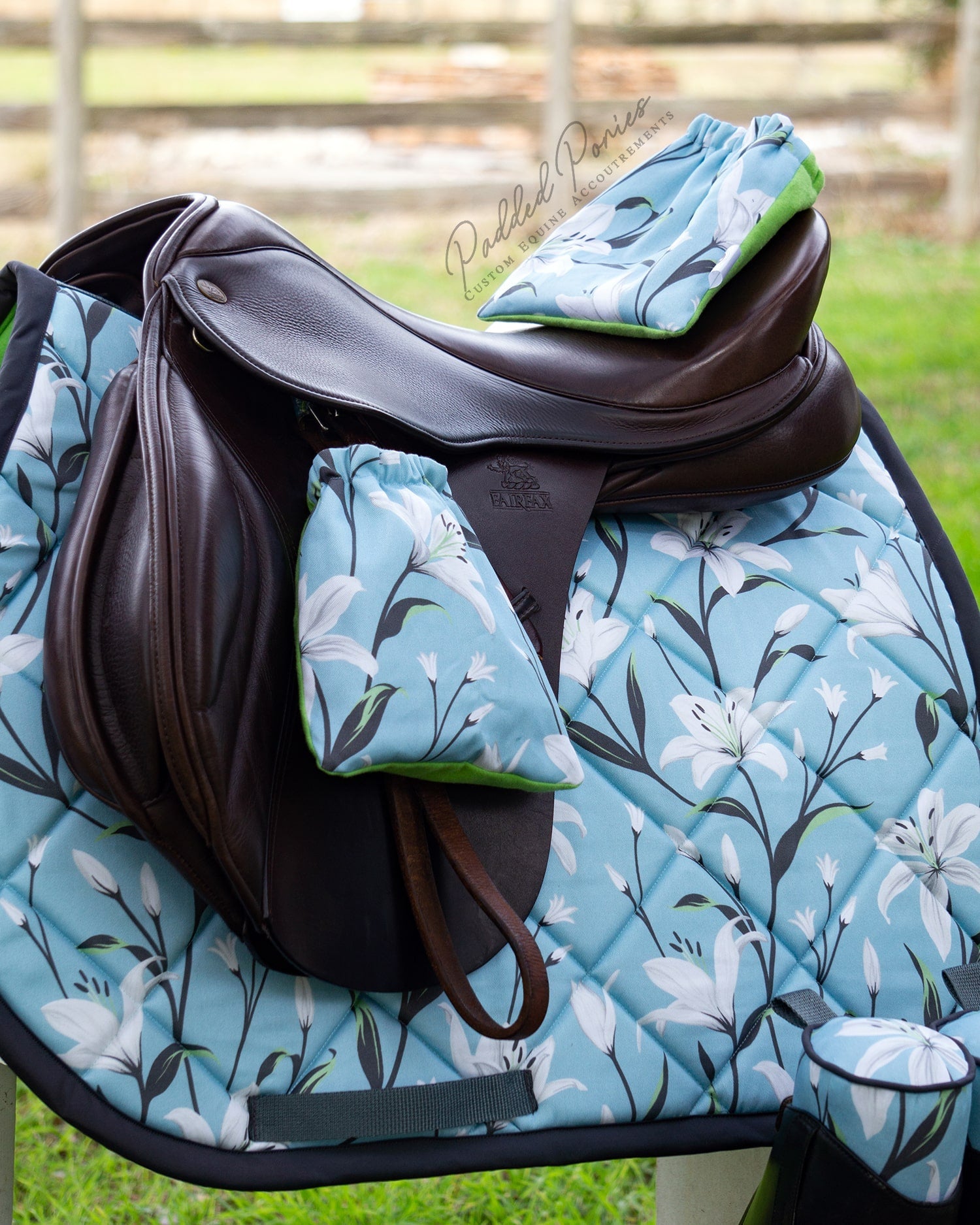 Blue Lilies Stirrup Covers - Sample Sale