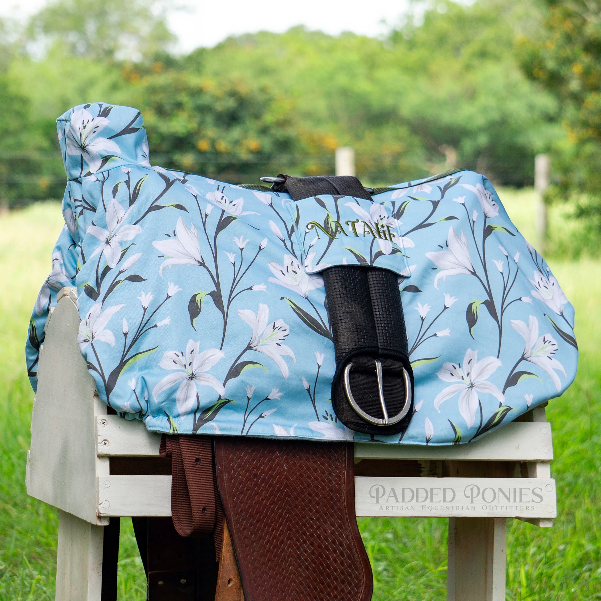 Blue Lilies Floral Western Saddle Cover with Cinch Pocket and Embroidery