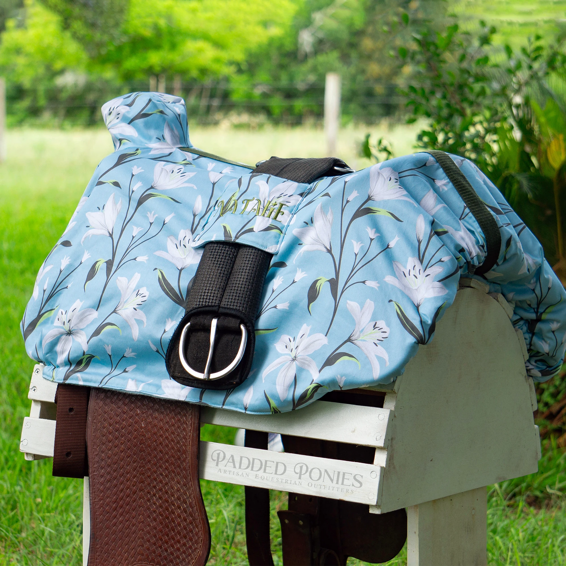 Blue Lilies Floral Western Saddle Cover with Cinch Pocket and Embroidery