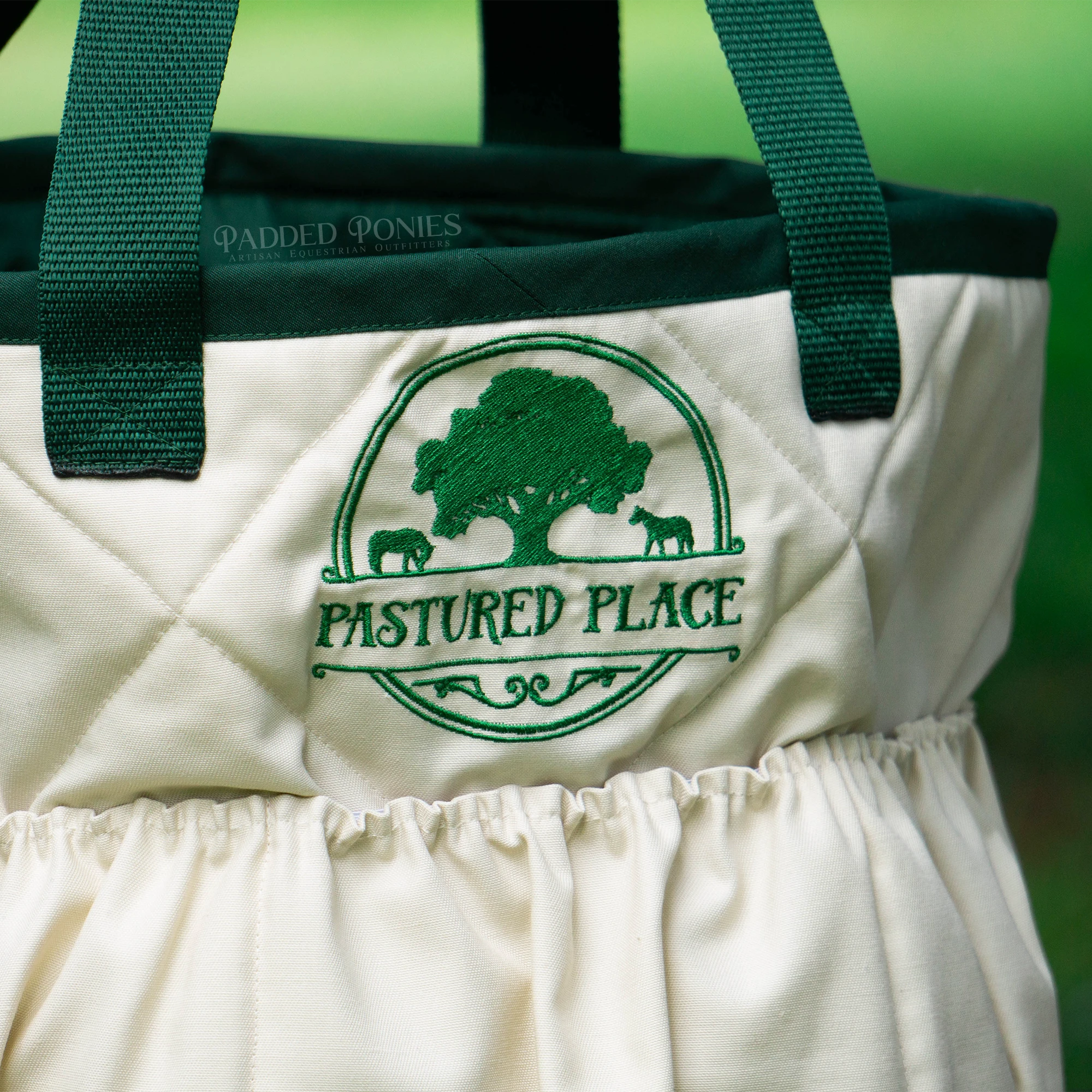 Custom Embroidered Logo Ivory and Hunter Green Grooming Brush Bag 