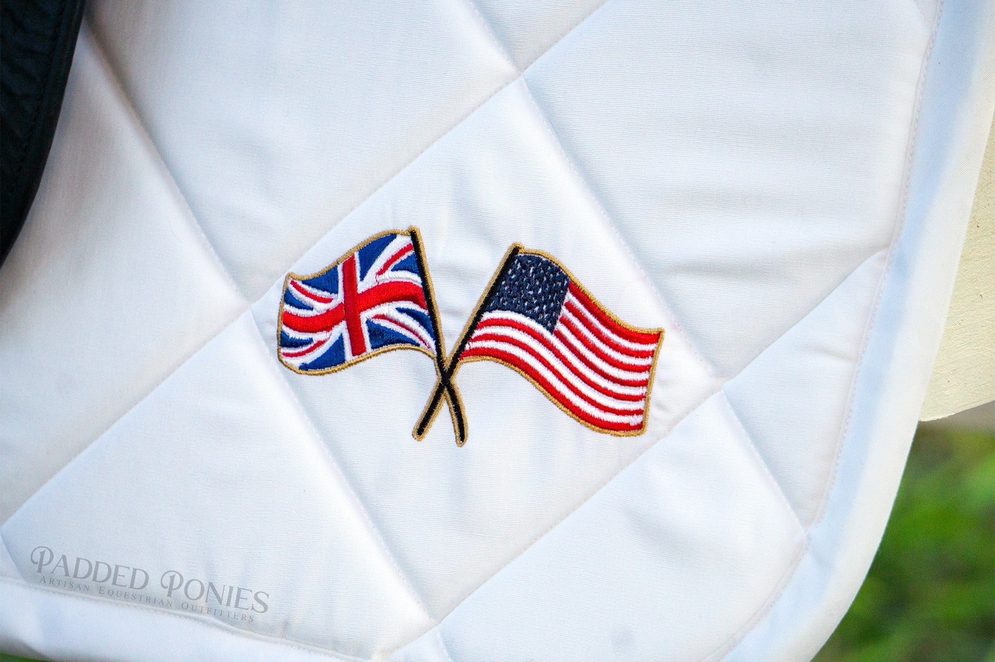 United States America and United Kingdom British Crossed Flags Custom Logo White Dressage Saddle Pad