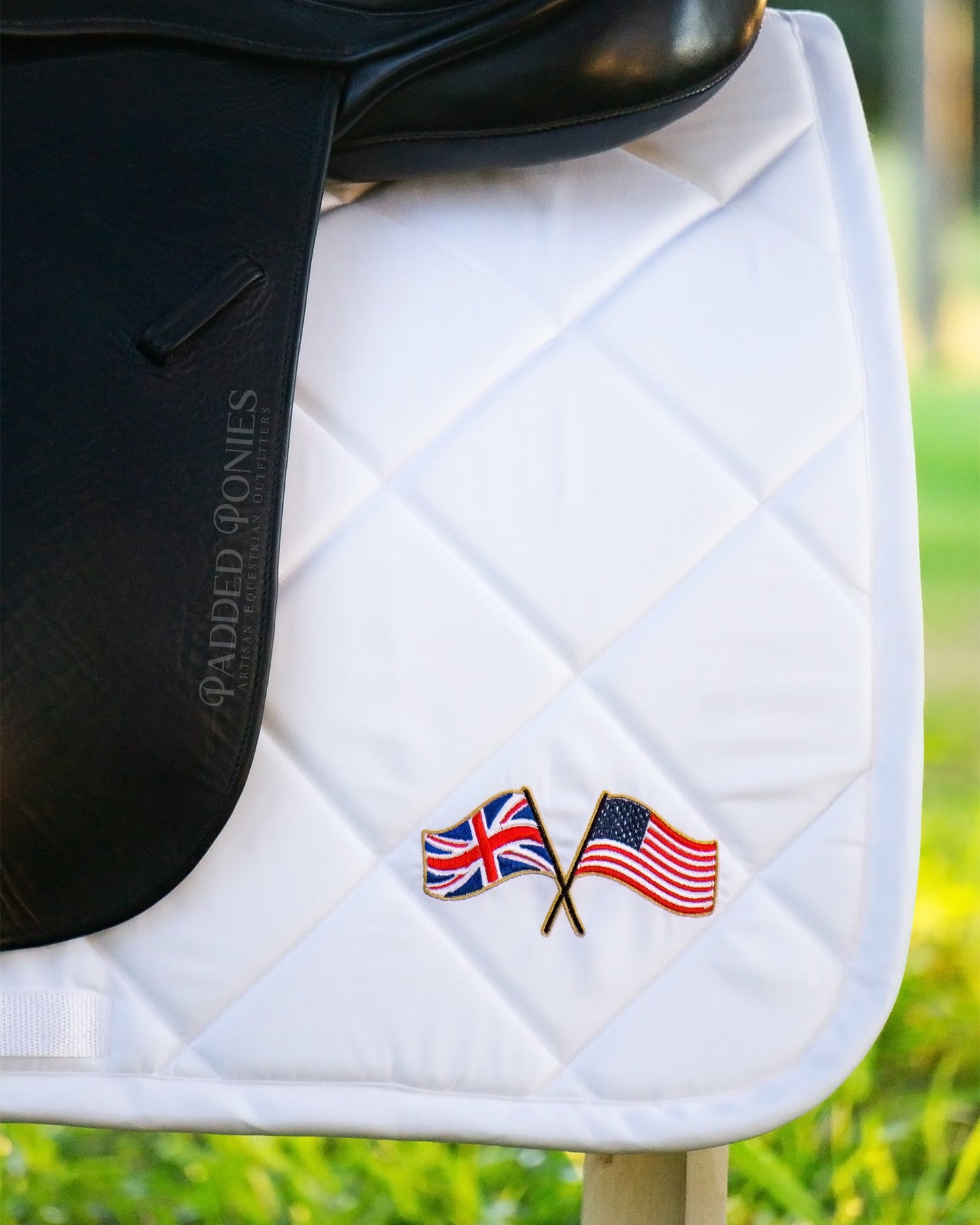 United States America and United Kingdom British Crossed Flags Custom Logo White Dressage Saddle Pad