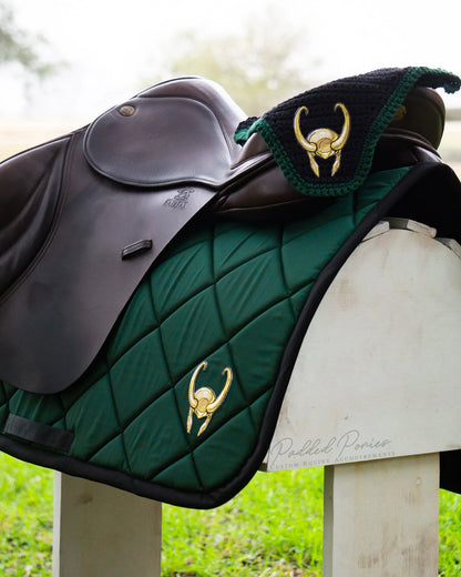 Hunter Green and Black Marvel Loki Superhero Patch Jump Saddle Pad with Matching Fly Veil Bonnet