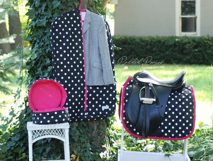 Black and Hot Pink Polka Dot Garment Bag with Matching Saddle Pad and Helmet Bag