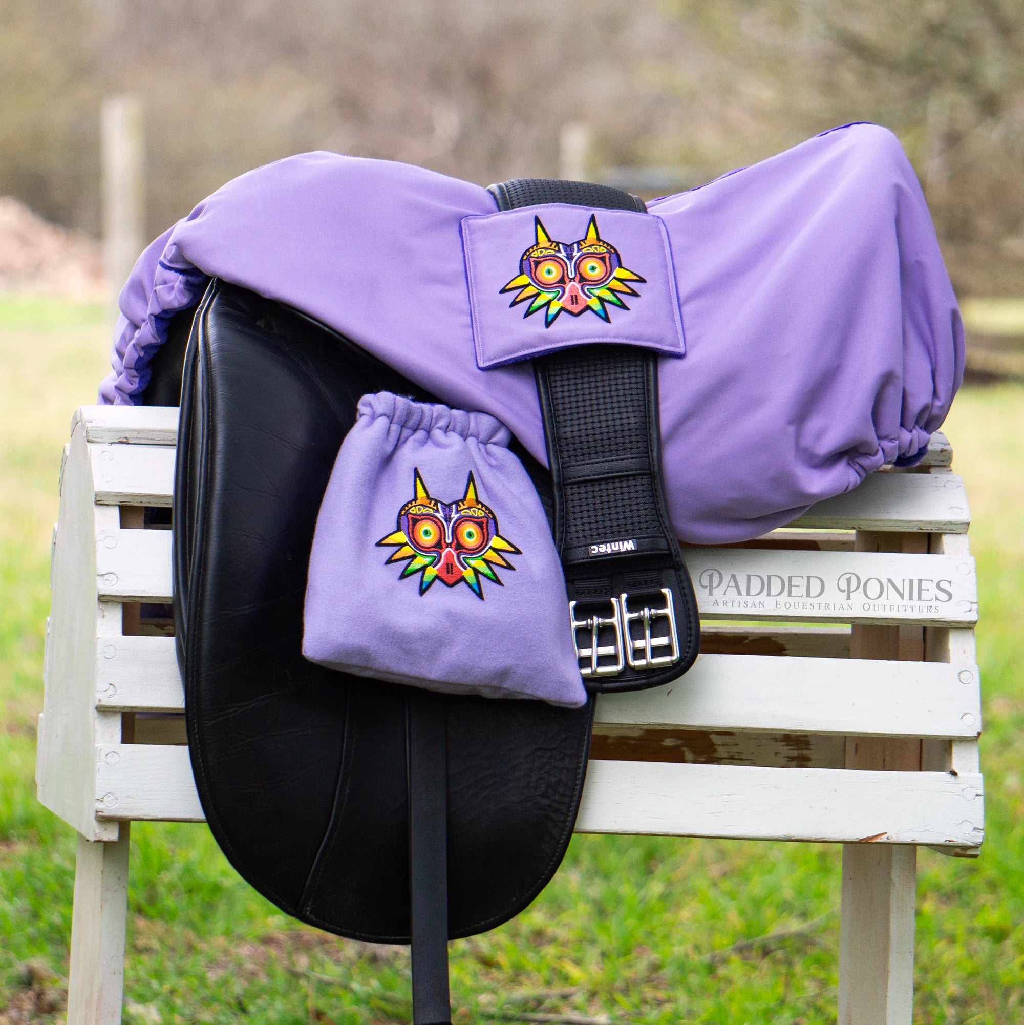 Purple Legend of Zelda Majora's Mask Dressage Saddle Cover with Girth Pocket and Matching Stirrup Covers Set