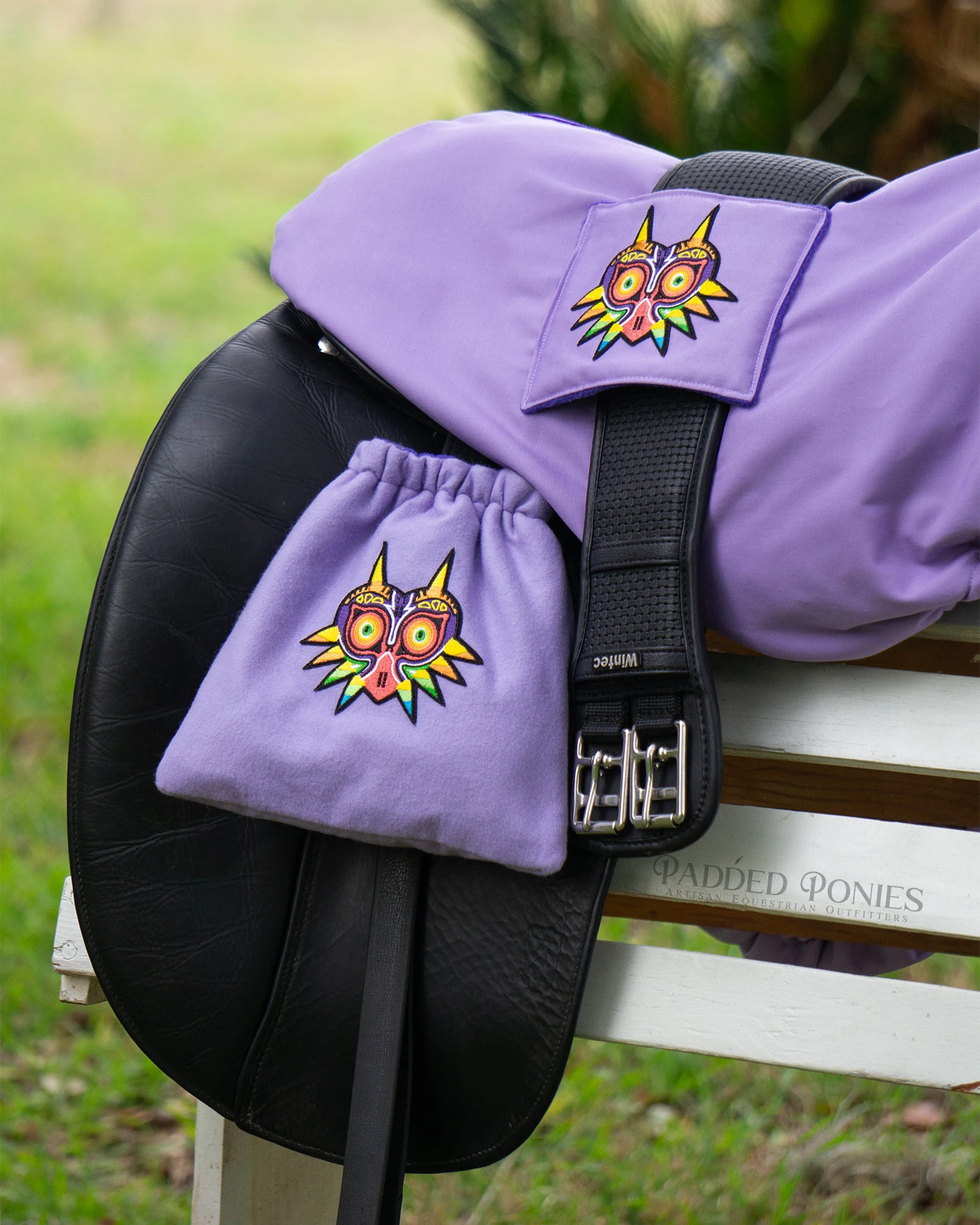 Purple Legend of Zelda Majora's Mask Dressage Saddle Cover with Girth Pocket and Matching Stirrup Covers Set