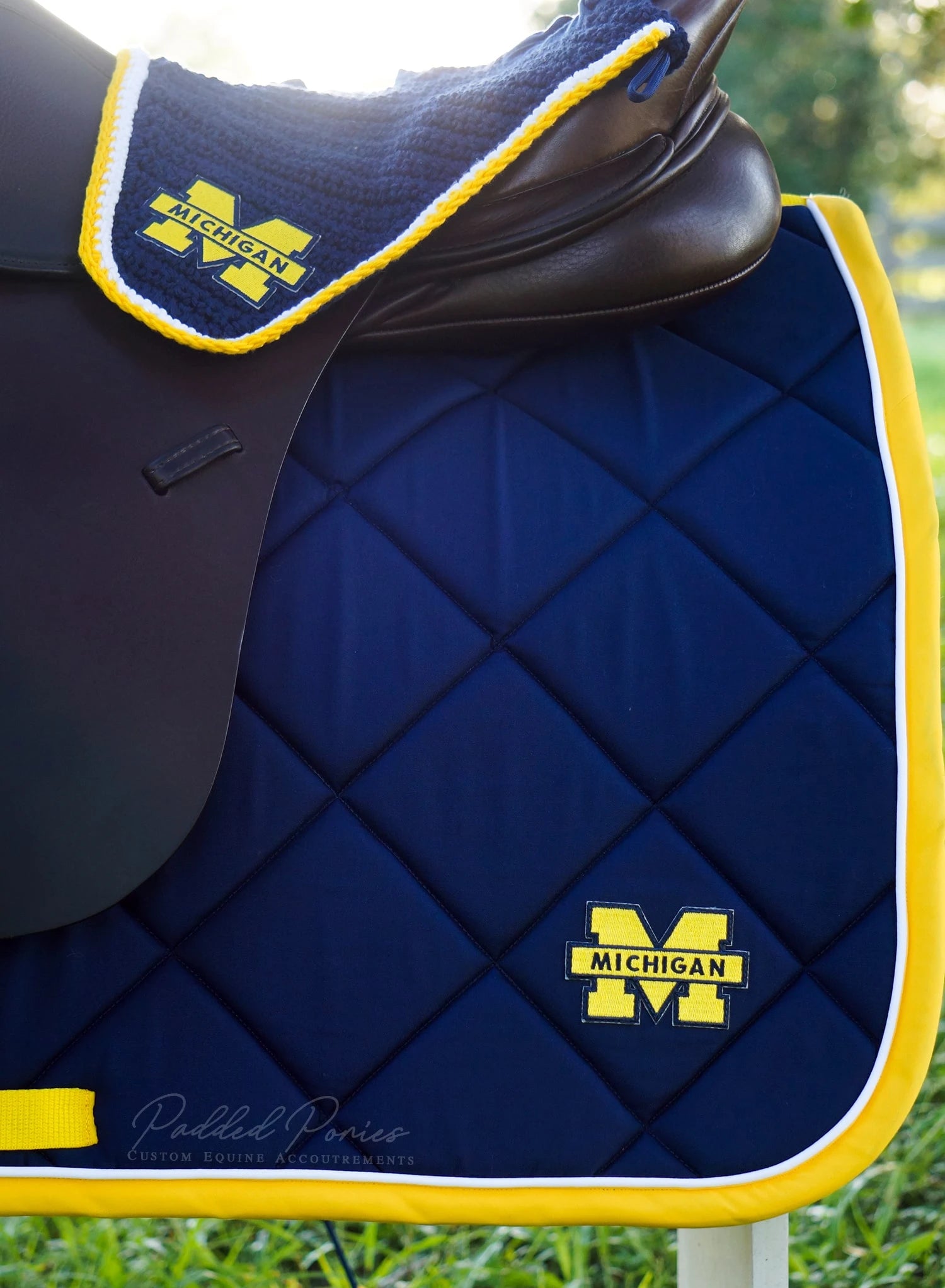 University of Michigan Patch Blue and Yellow All Purpose Saddle Pad with Matching Fly Veil Bonnet