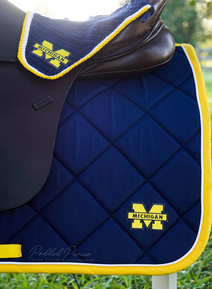 University of Michigan Patch Blue and Yellow All Purpose Saddle Pad with Matching Fly Veil Bonnet