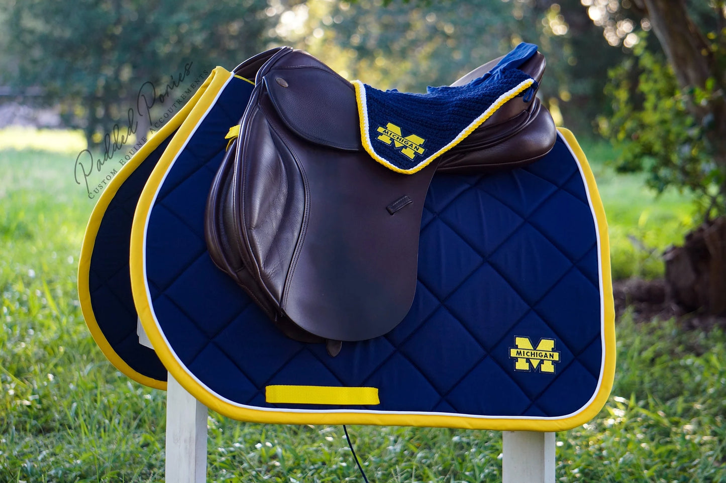 Navy Blue and Yellow University of Michigan Patch Fly Veil Bonnet with Matching Saddle Pad