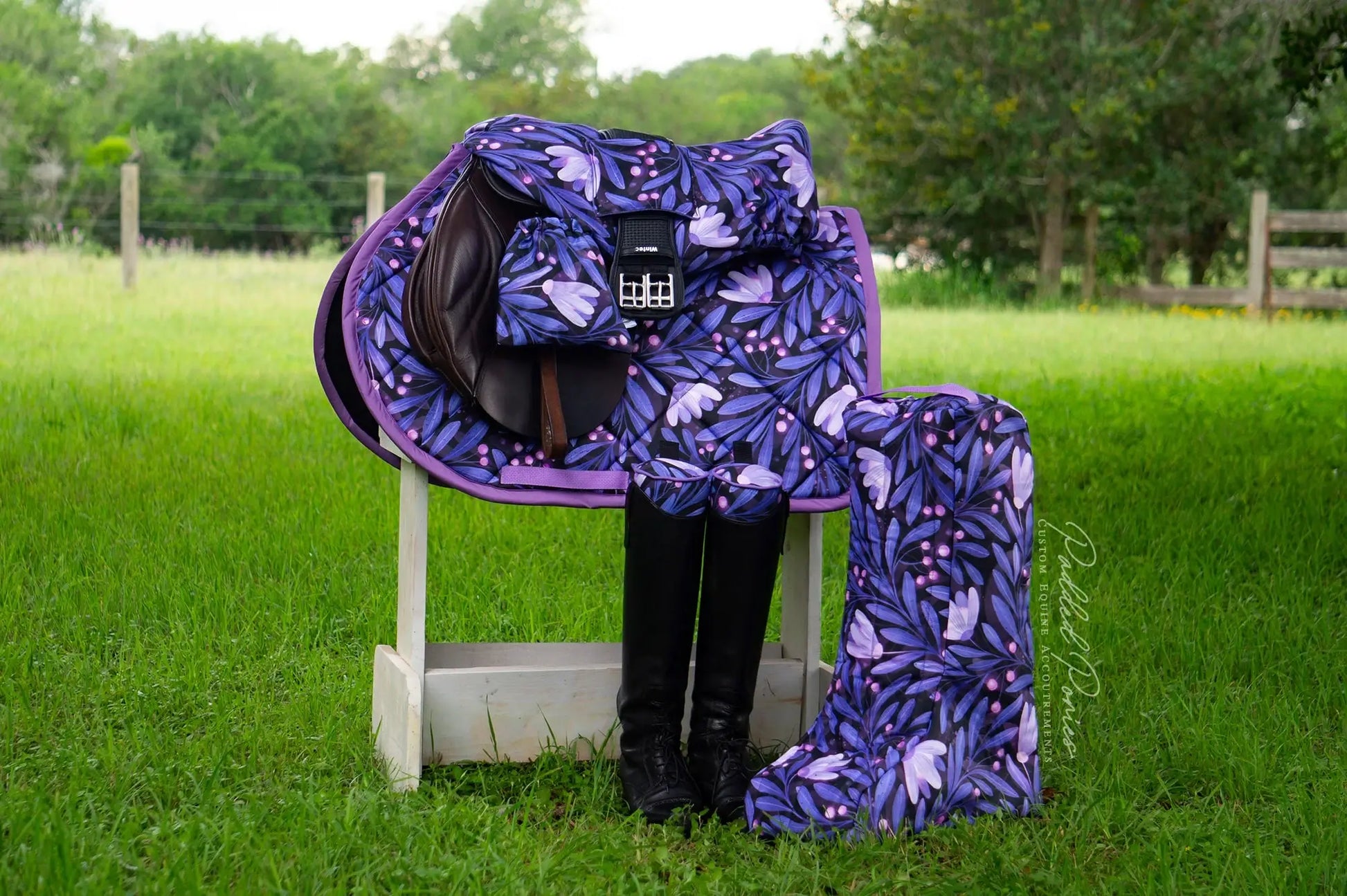 Purple Indigo Lavender Moonflowers Floral All Purpose Saddle Cover with Matching Stirrup Covers, Saddle Pad, Boot Trees, and Boot Bag