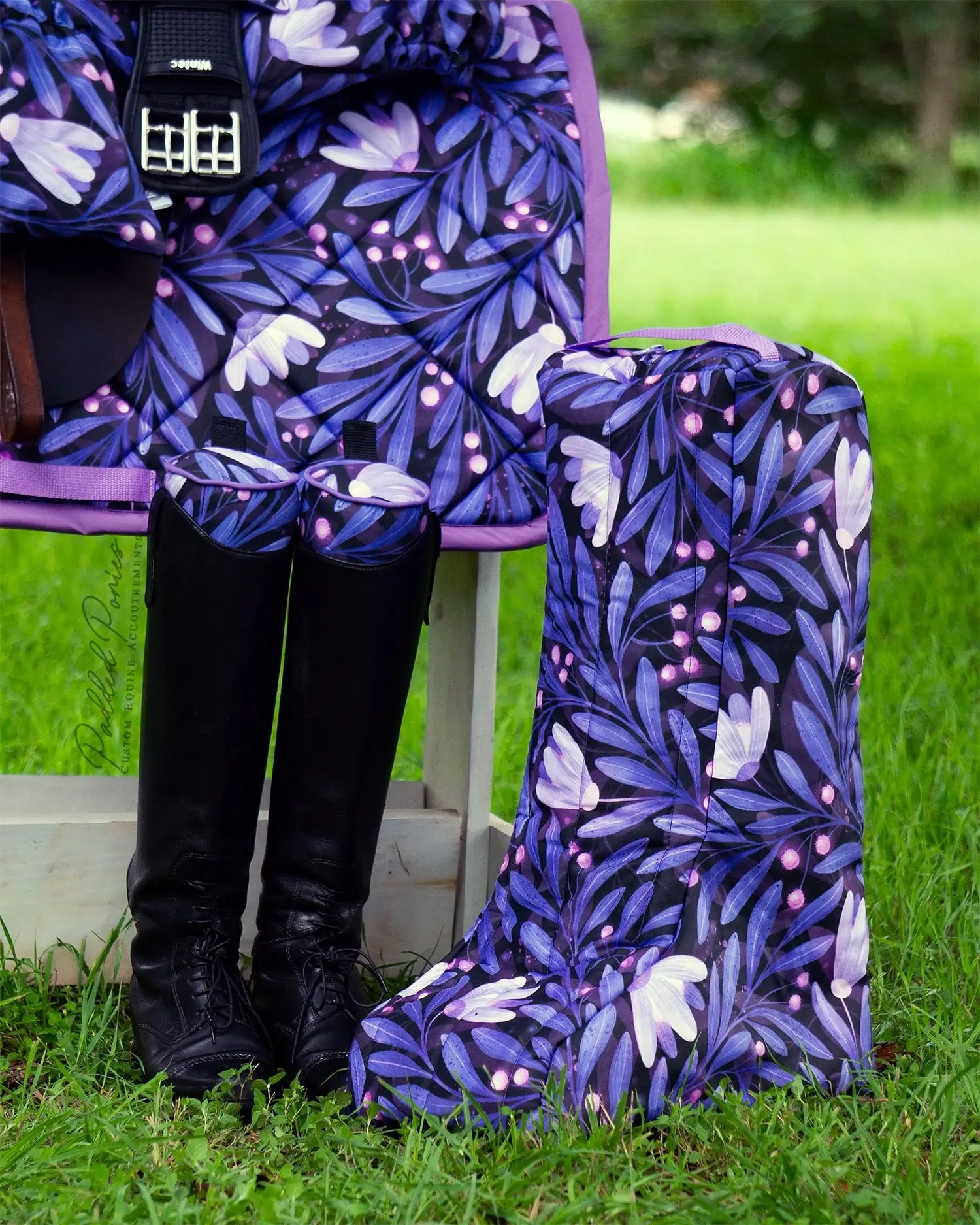Purple Indigo Lavender Moonflowers Floral All Purpose Saddle Cover Set with Matching Boot Bag and Boot Trees
