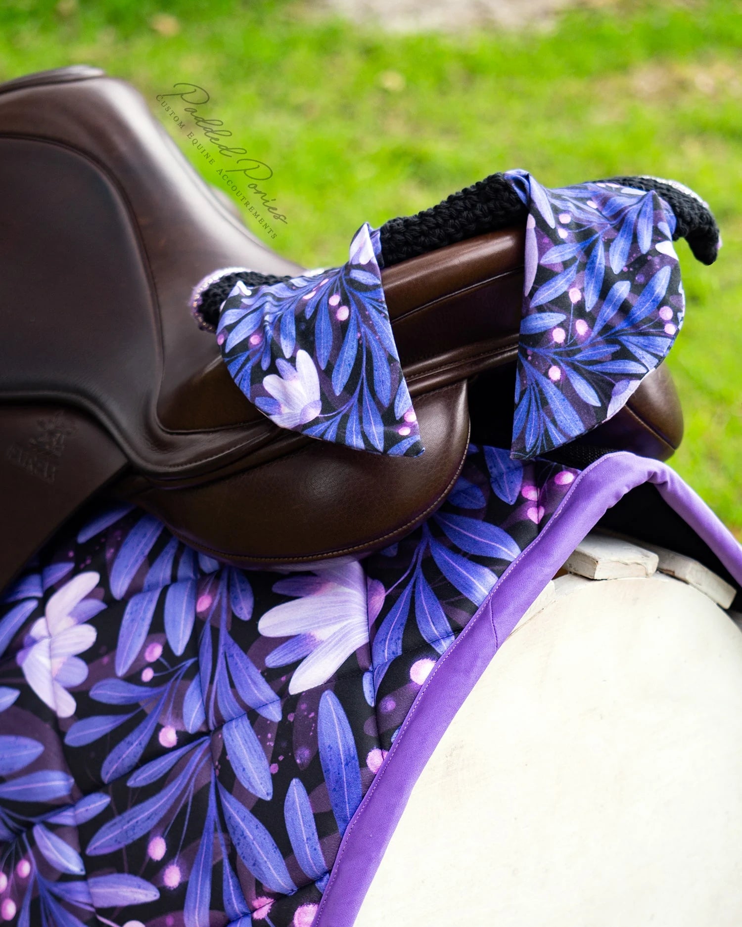 Indigo Lavender Purple Moonflowers Floral Rhinestone Fly Veil Bonnet and Matching Saddle Pad