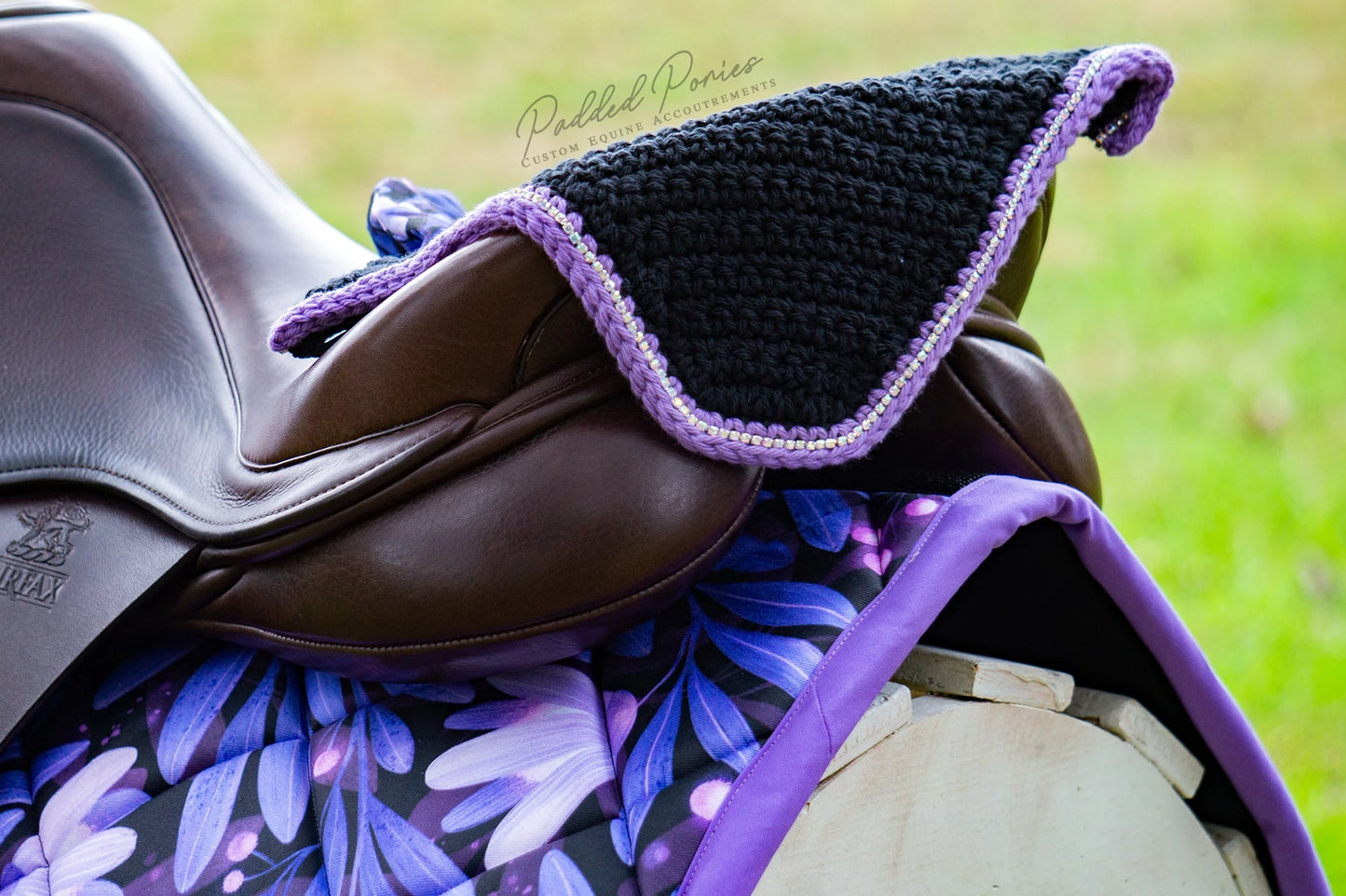 Indigo Lavender Purple Moonflowers Floral Rhinestone Fly Veil Bonnet with Matching Saddle Pad