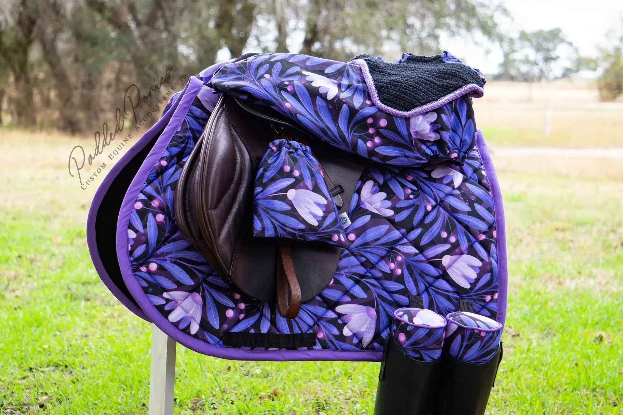 Indigo Lavender Purple Moonflowers Floral Matching Set, Saddle Pad, Boot Trees, Fly Veil Bonnet, Stirrup Covers, Saddle Cover