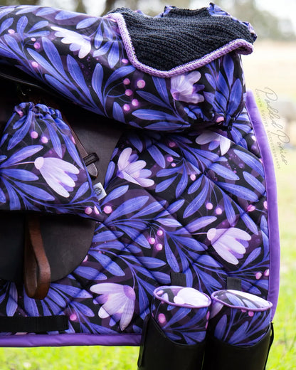 Purple Indigo Lavender Moonflowers Floral All Purpose Saddle Cover with Matching Saddle Pad, Stirrup Covers, Bonnet, and Boot Trees