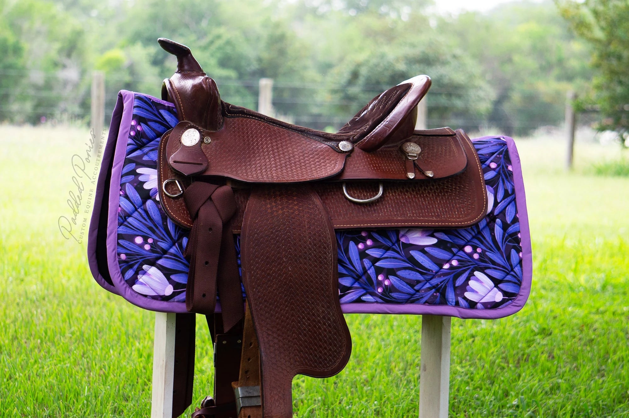 Indigo Lavender Purple Moonflowers Floral Western Saddle Pad