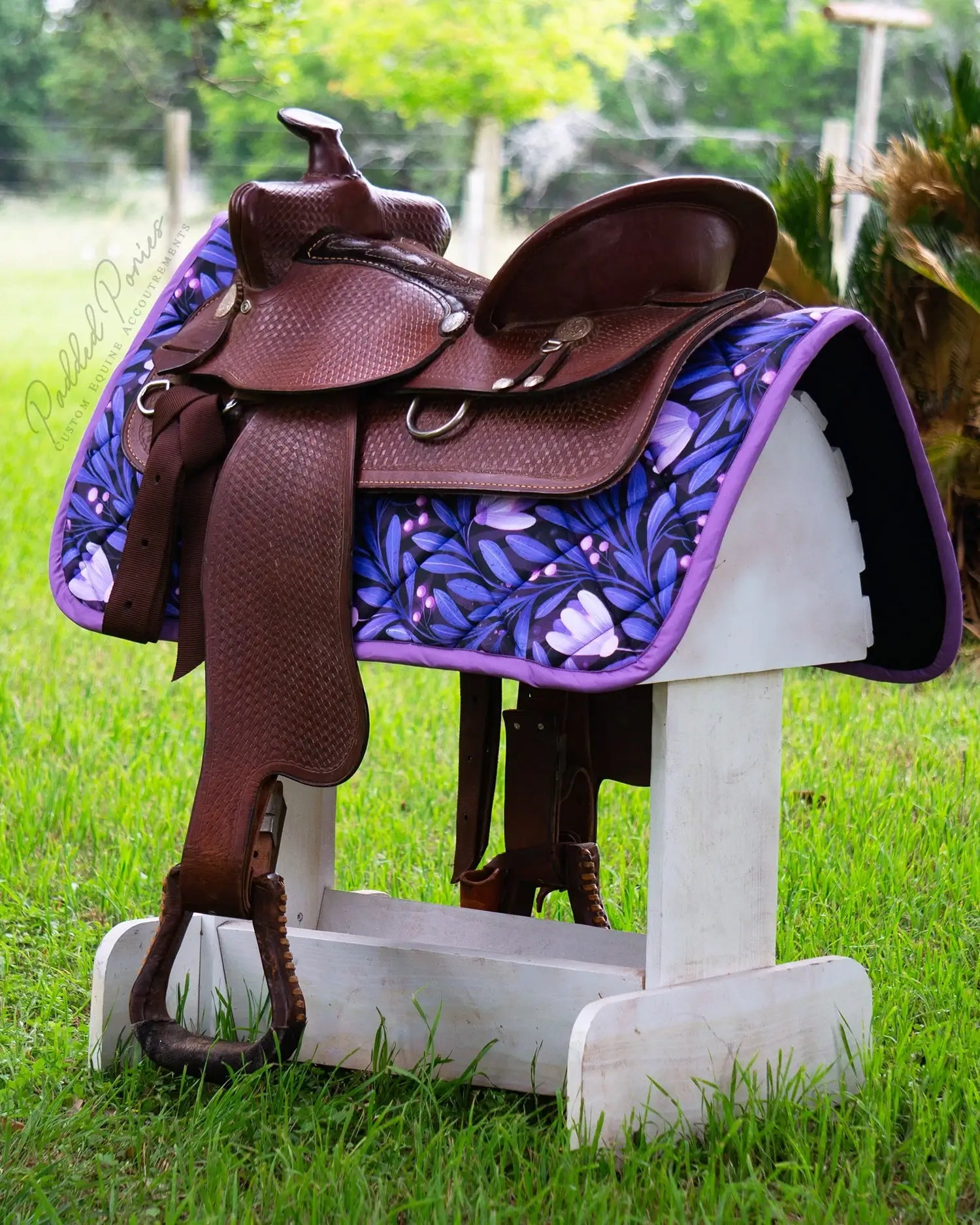 Indigo Lavender Purple Moonflowers Floral Western Saddle Pad