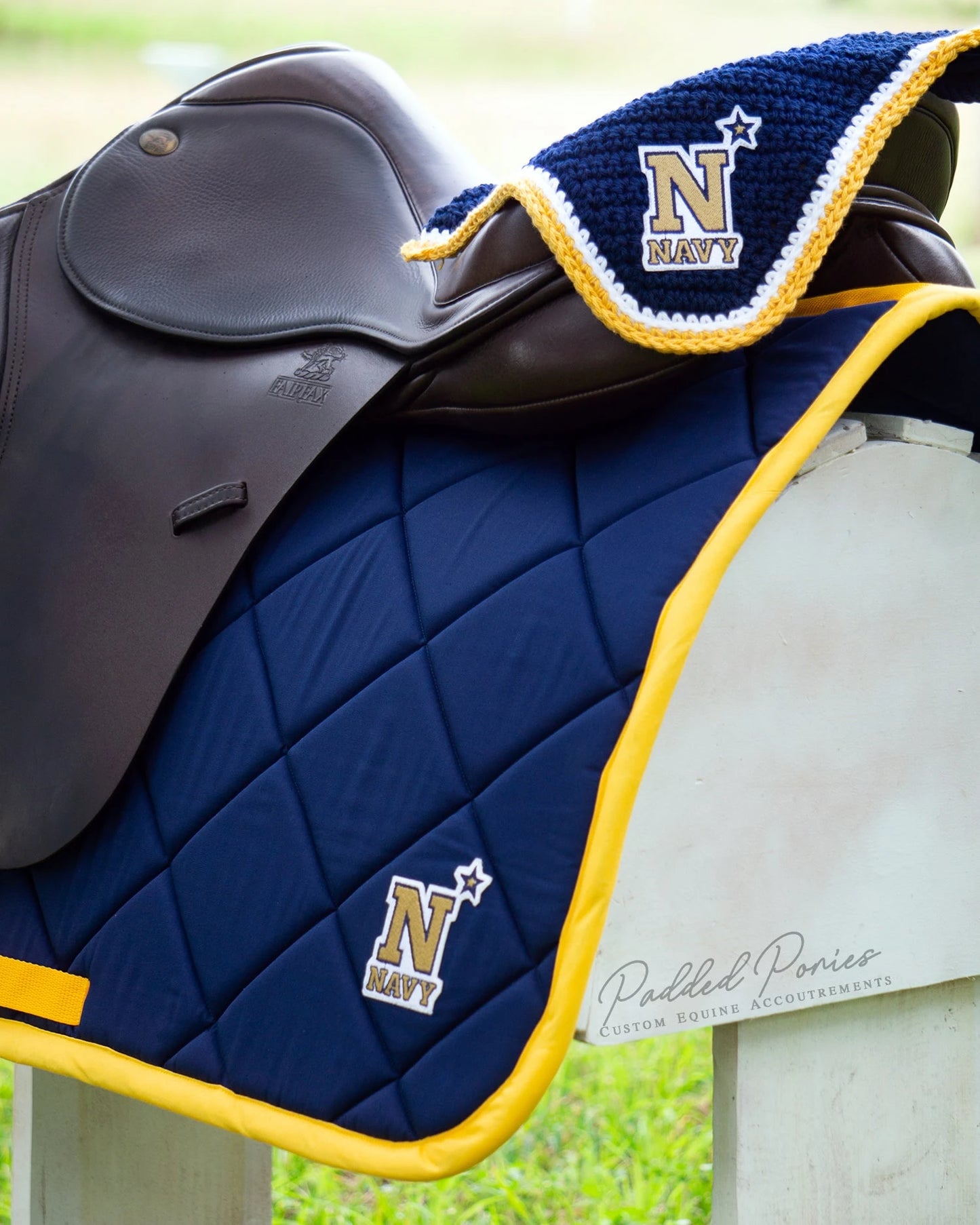 Navy Blue and Gold United States Naval Academy Patch Fly Veil Bonnet with Matching Saddle Pad
