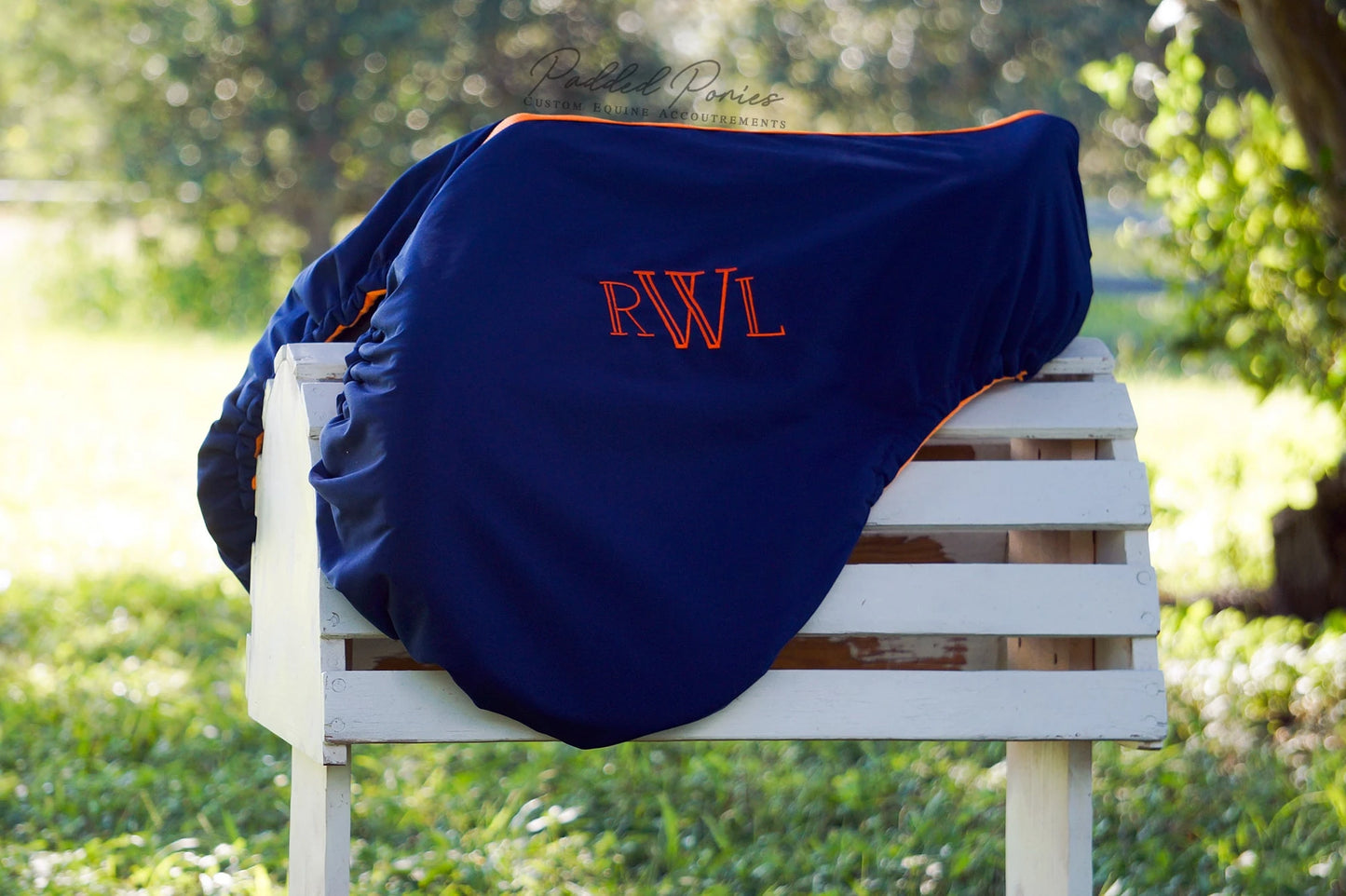Navy Blue and Orange Monogrammed Solid Color All Purpose Saddle Cover