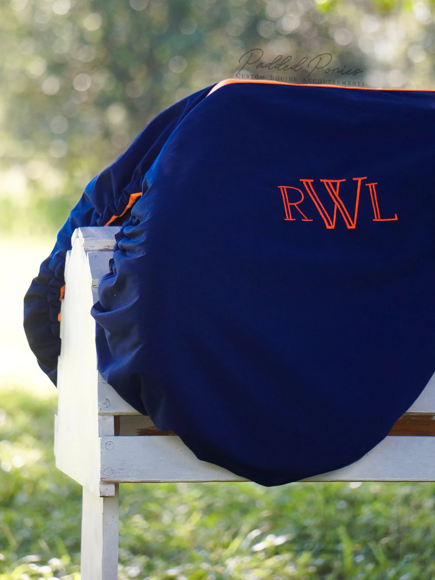 Navy Blue and Orange Monogrammed Solid Color All Purpose Saddle Cover