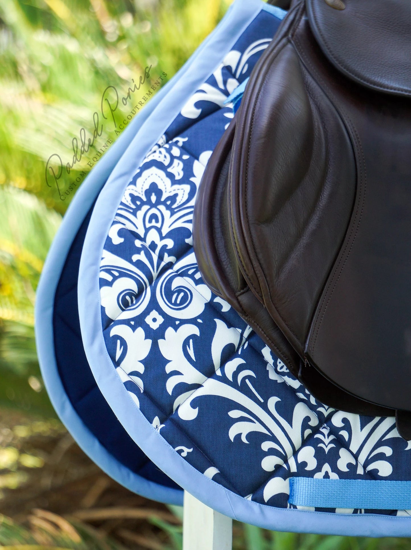 Navy Blue and Baby Blue Floral Damask Jump Saddle Pad