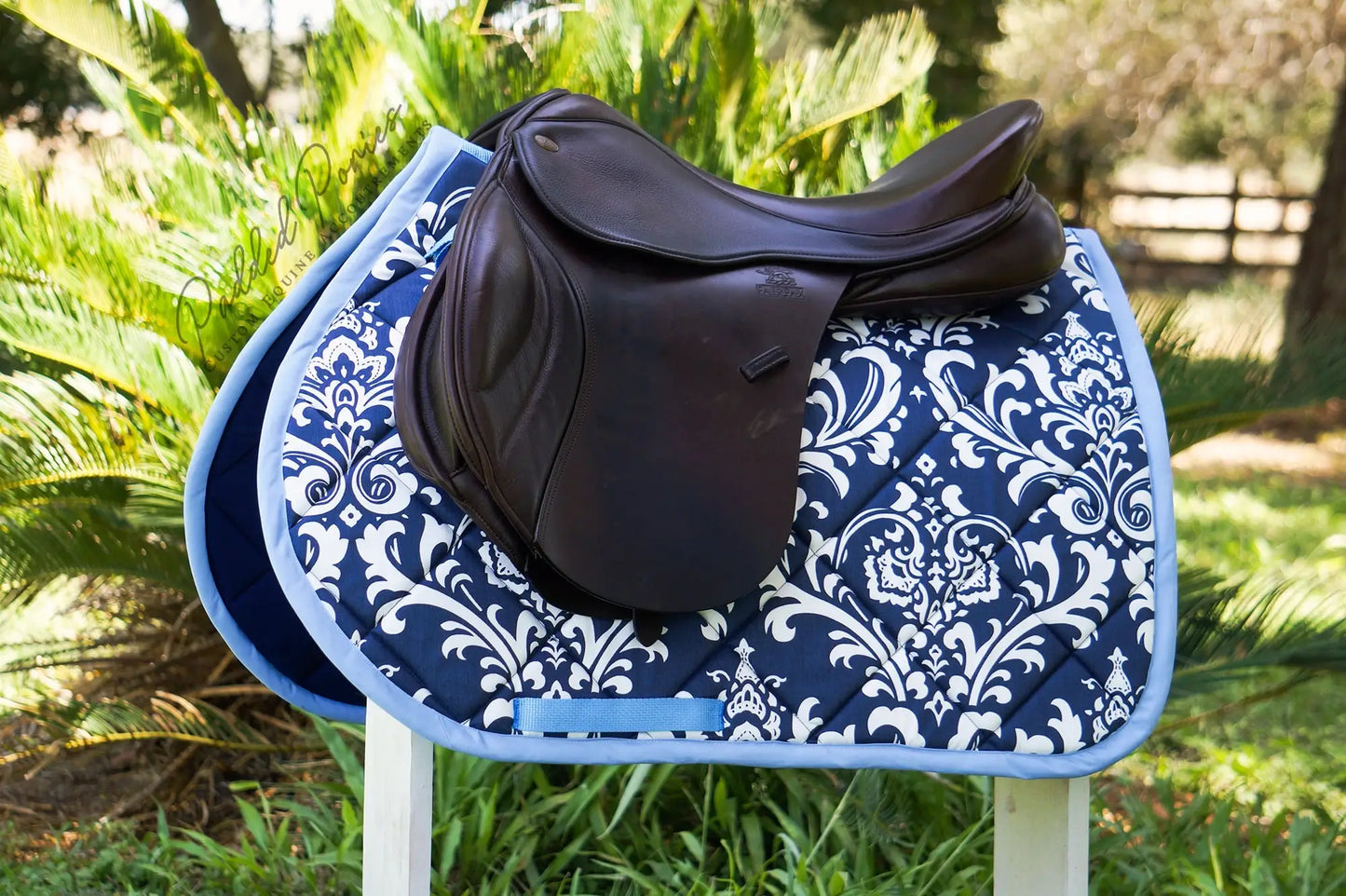 Navy Blue and Baby Blue Floral Damask All Purpose Saddle Pad