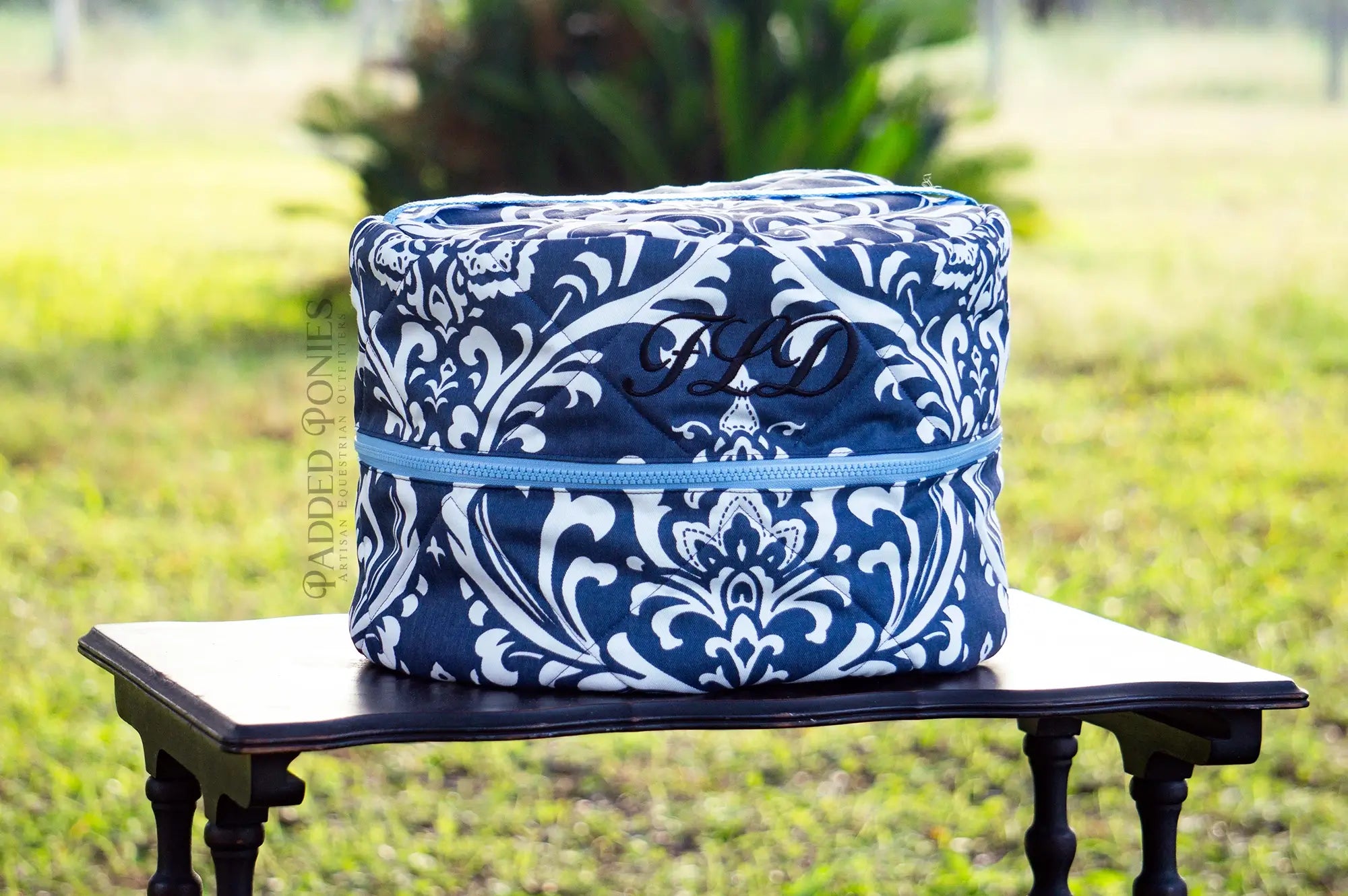 Navy Blue and Baby Blue Floral Damask Helmet Bag with Monogram