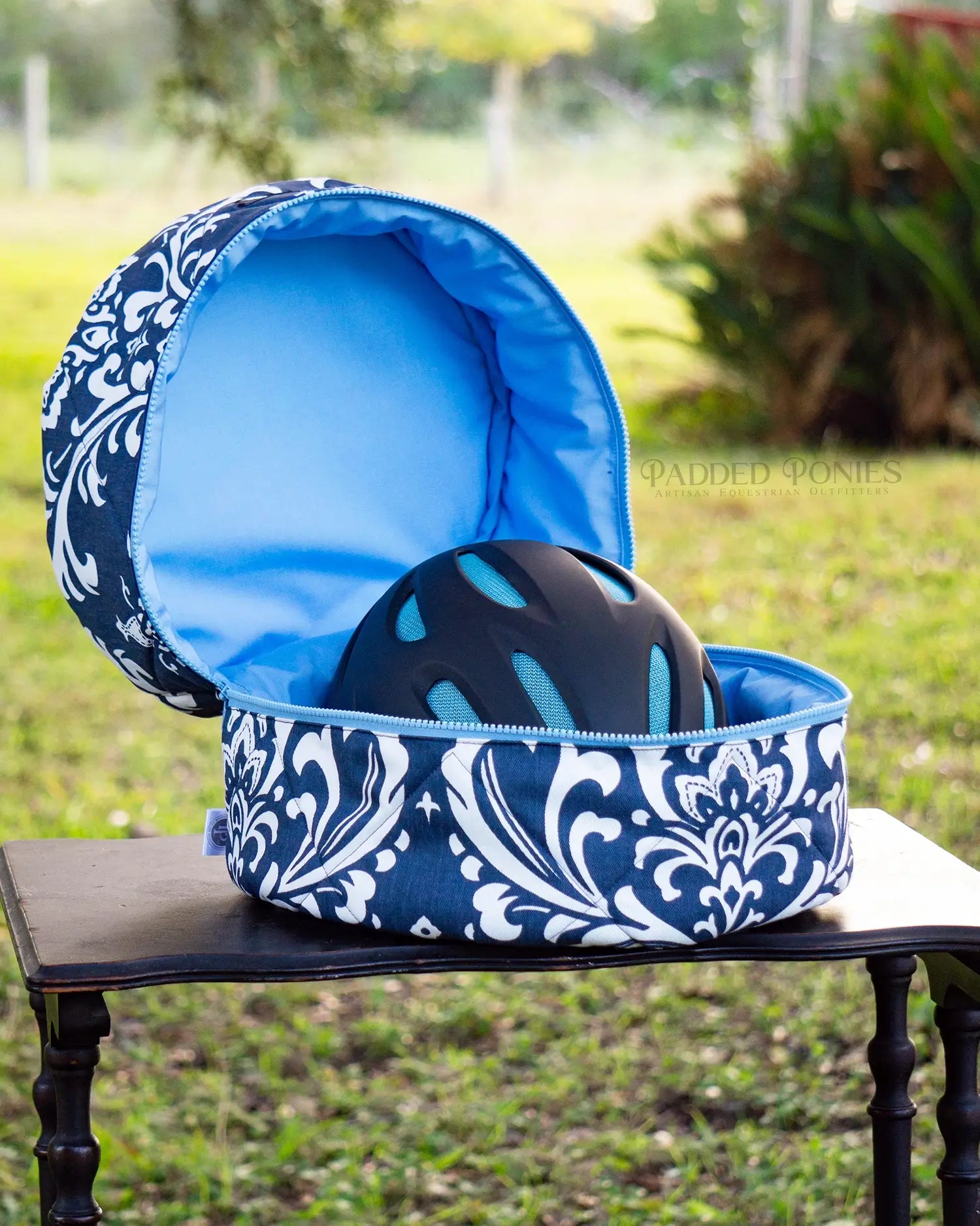 Navy Blue and Baby Blue Floral Damask Helmet Bag with Monogram