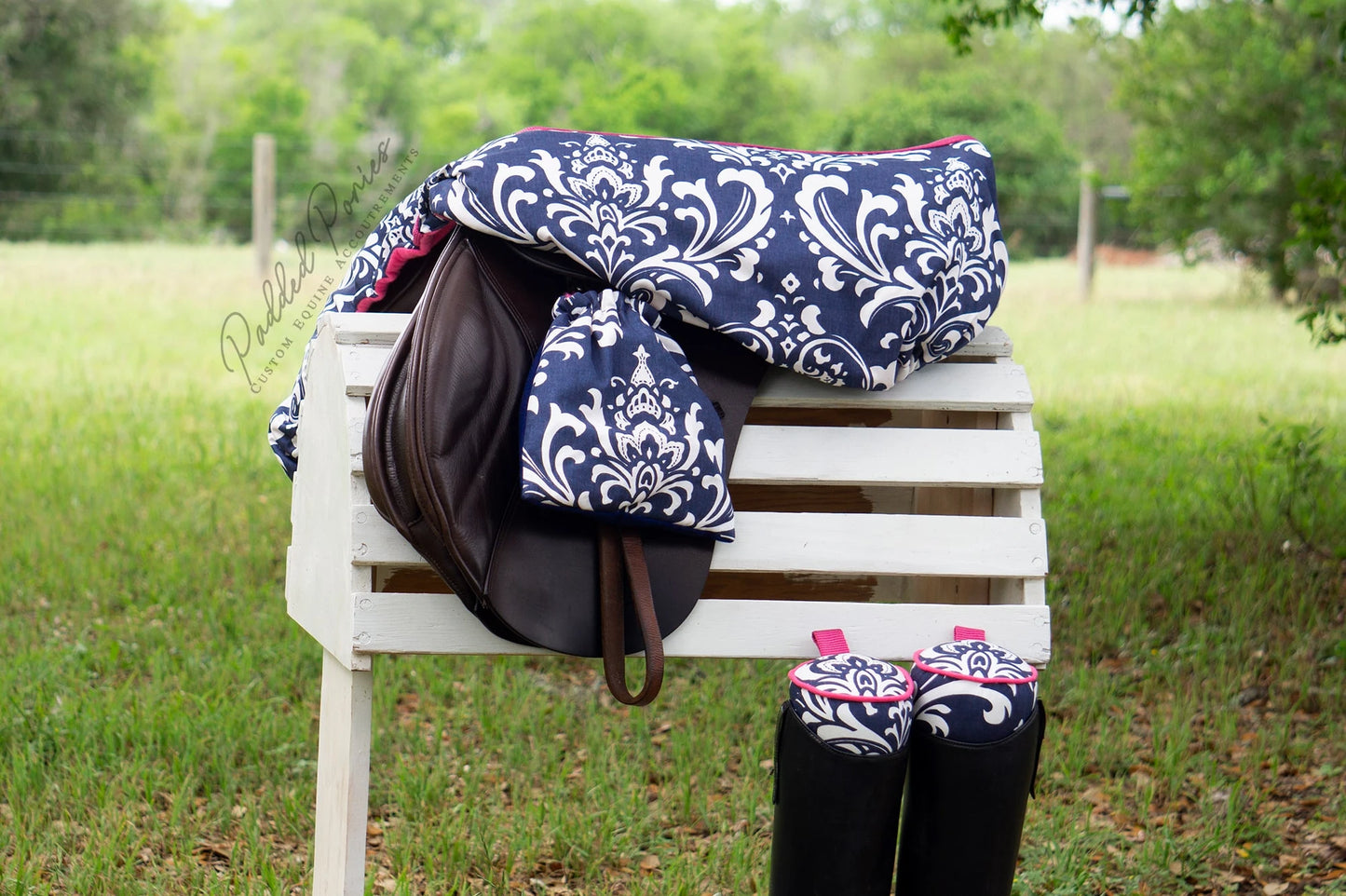 Navy Blue and Hot Pink Floral Damask All Purpose Saddle Cover with Matching Accessories