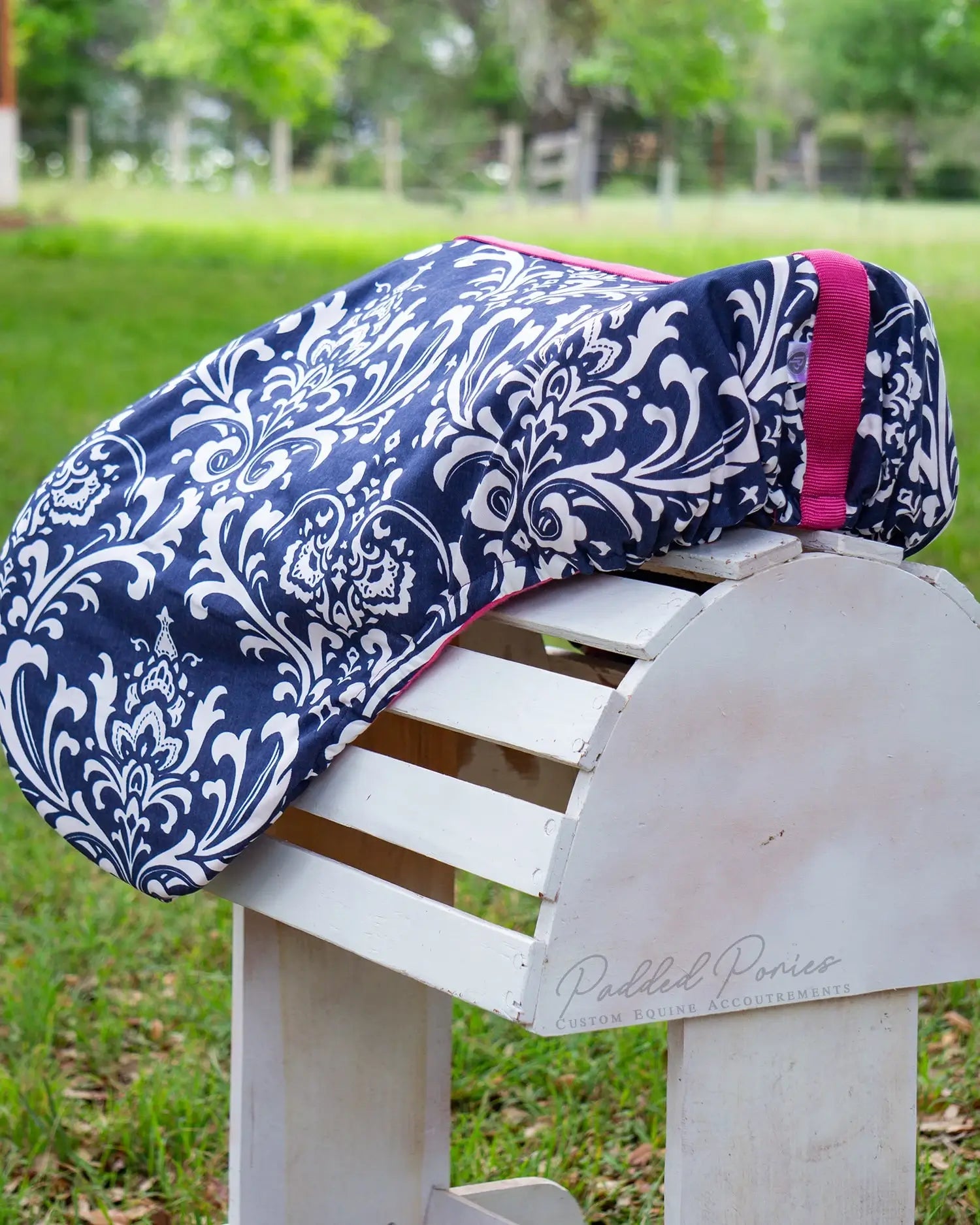 Navy Blue and Hot Pink Floral Damask All Purpose Saddle Cover