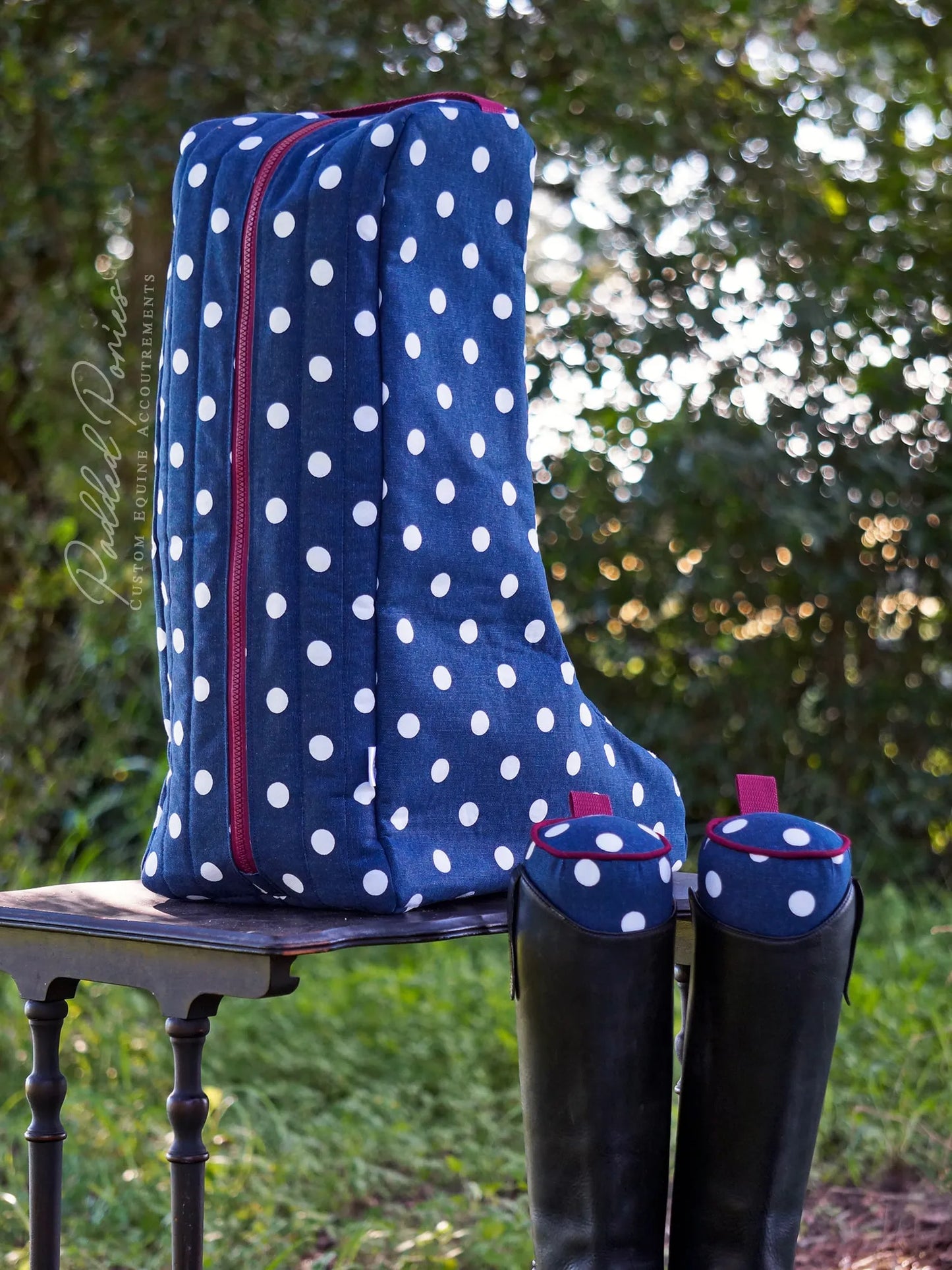 Navy Blue and Burgundy Polka Dot Boot Trees with Matching Boot Bag