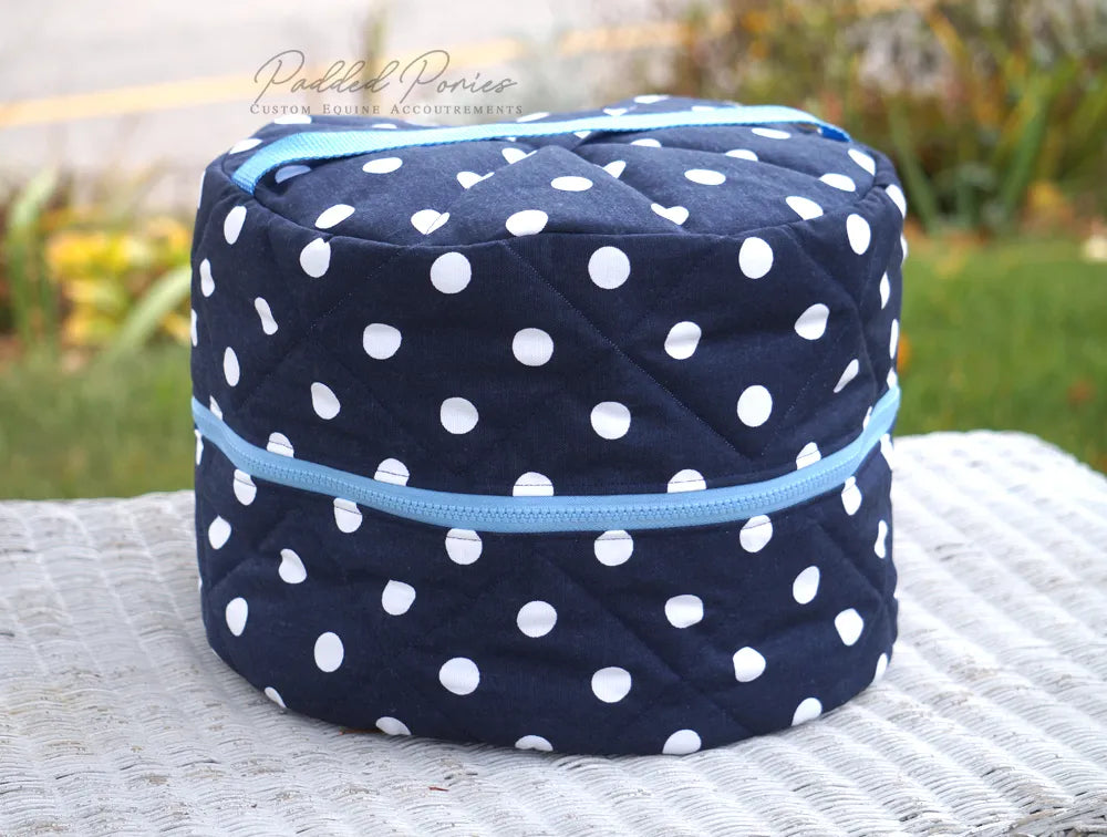 Navy Blue and Baby Blue Polka Dot Round Helmet Bag