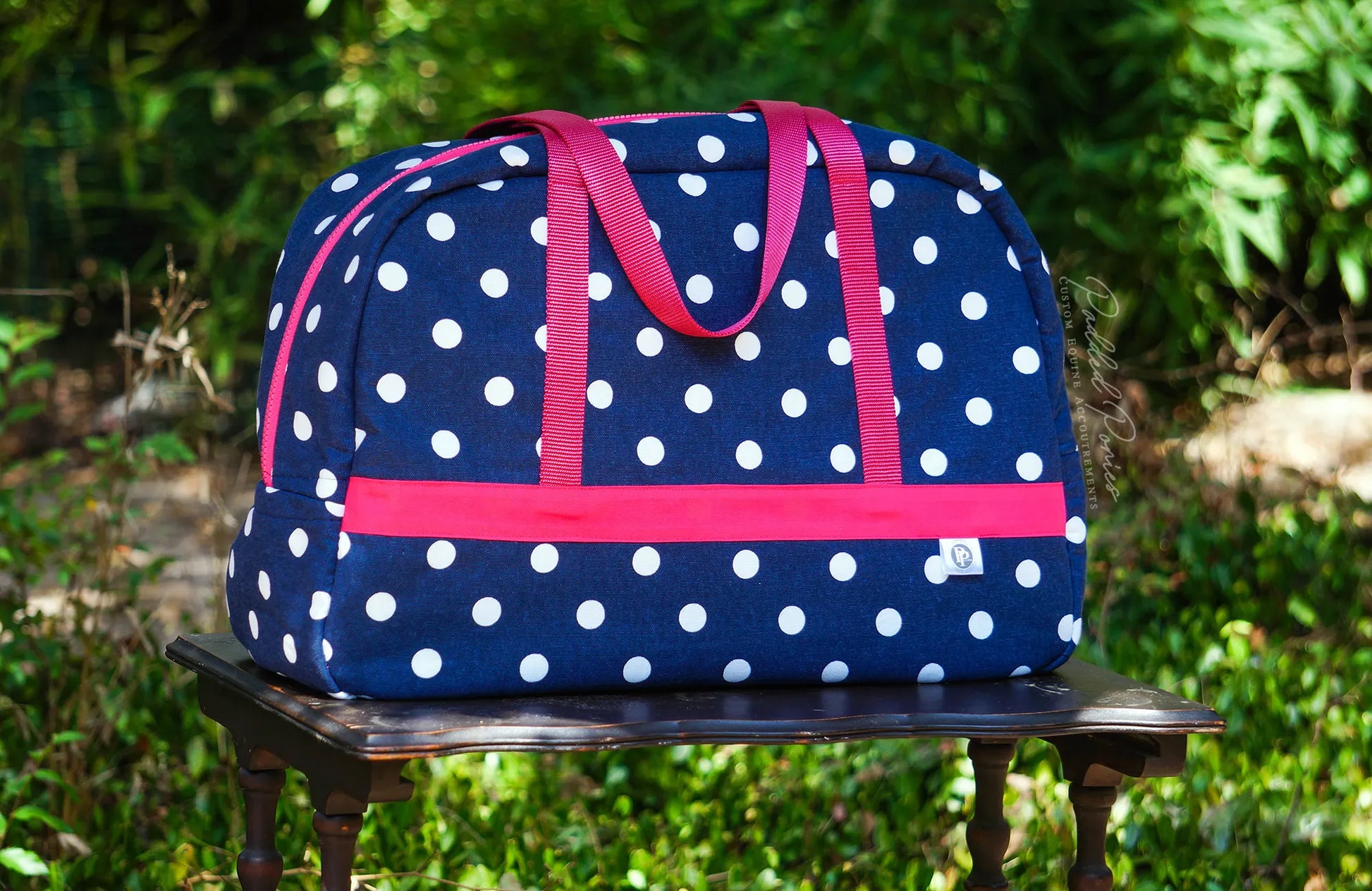 Navy Blue and Hot Pink Polka Dot Weekend Travel Tote Bag