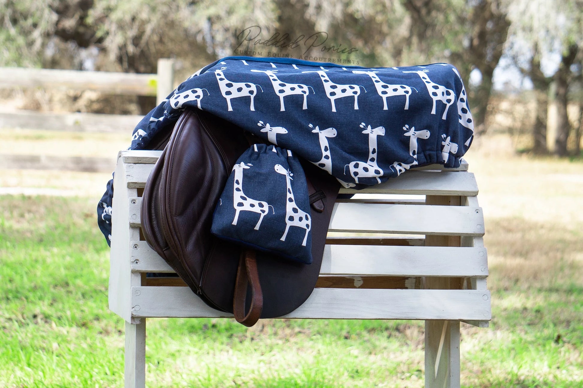 Navy Blue Giraffes Animal Print All Purpose Saddle Cover Set with Matching Stirrup Covers