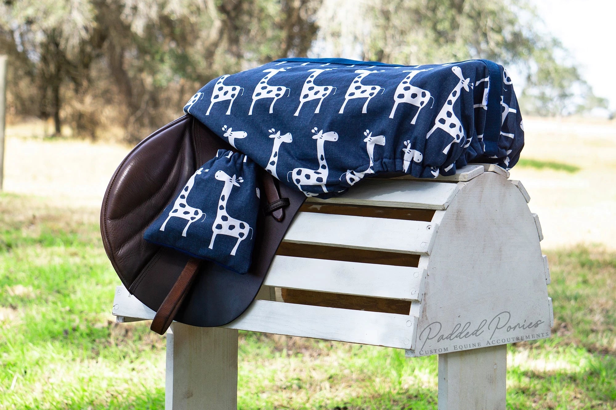 Navy Blue Giraffes Animal Print All Purpose Saddle Cover with Matching Stirrup Covers