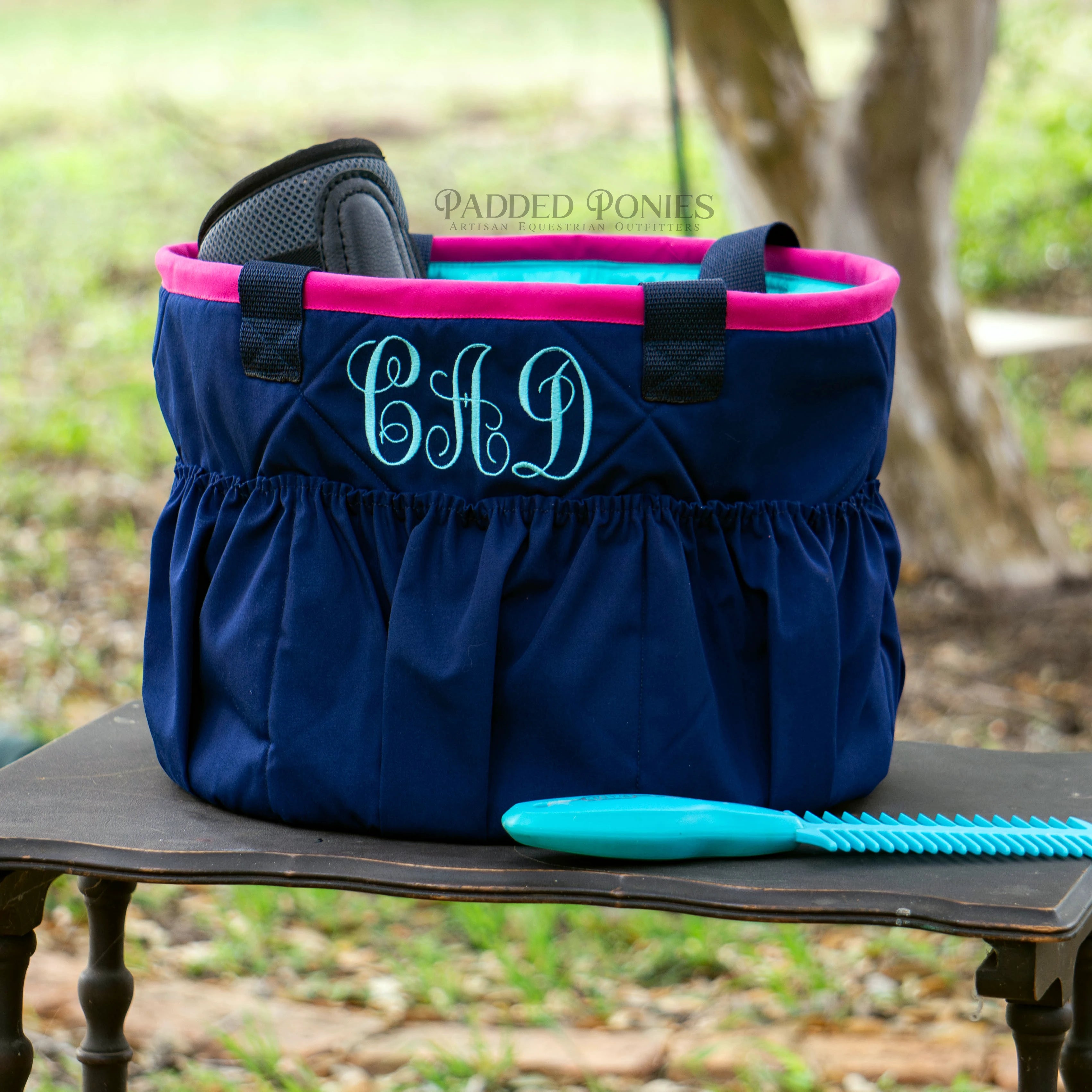 Navy Blue, Hot Pink, and Turquoise Horse Grooming Tote Bag with Monogram