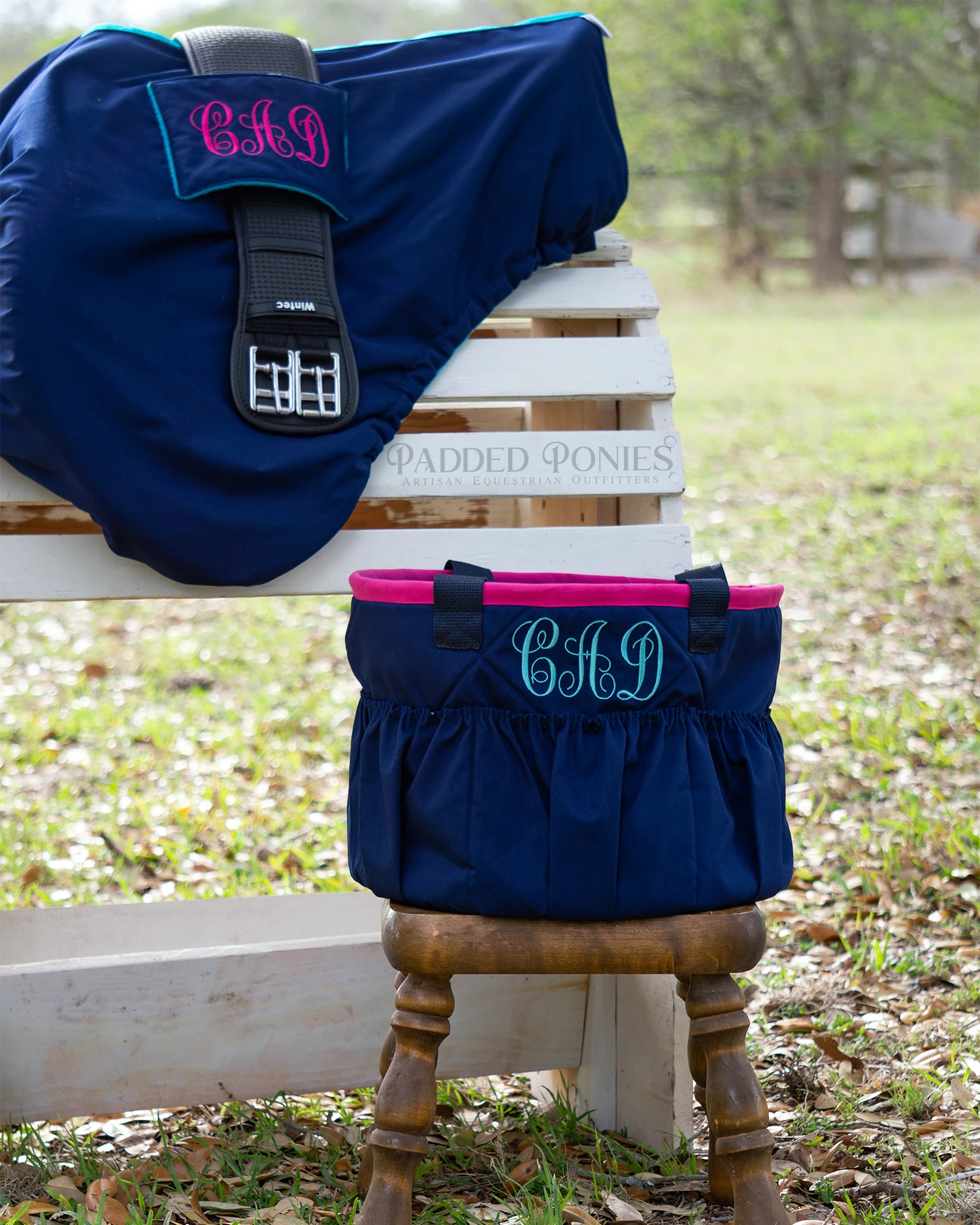 Navy Blue, Hot Pink, and Turquoise Horse Grooming Tote Bag and Matching All Purpose Saddle Cover with Monograms