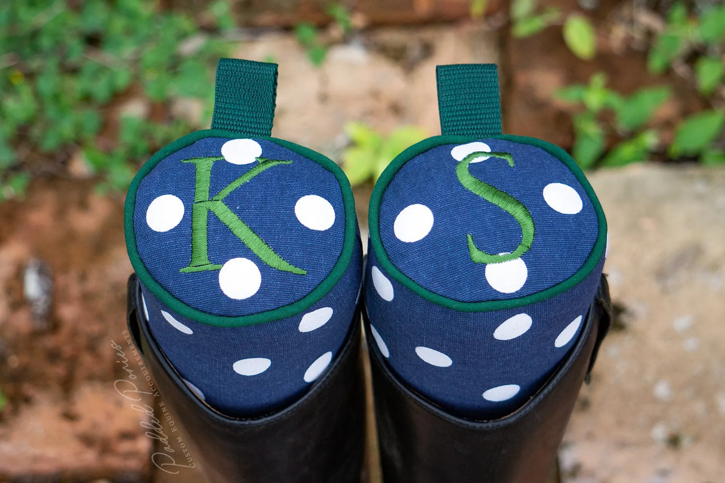 Navy Blue and Hunter Green Polka Dot Boot Trees with Monogram