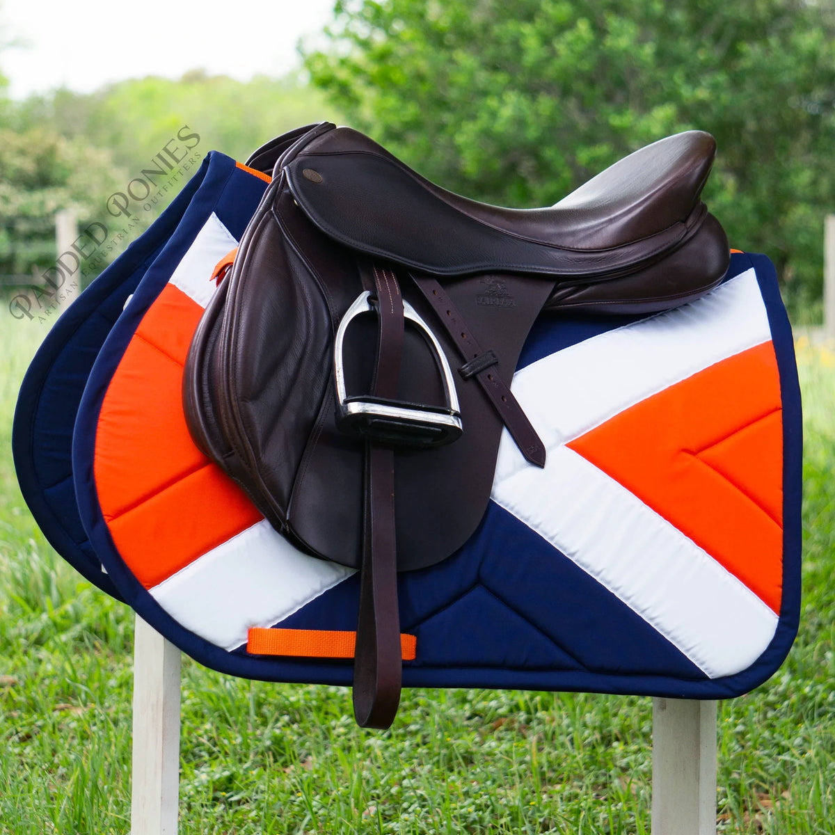 Navy Blue, Orange, and White X Cross Country Eventing All Purpose Saddle Pad