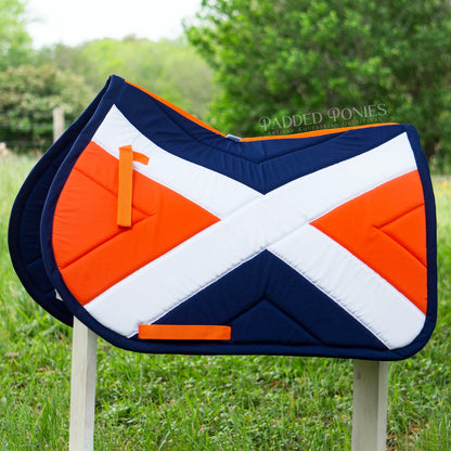Navy Blue, Orange, and White X Cross Country Eventing All Purpose Saddle Pad