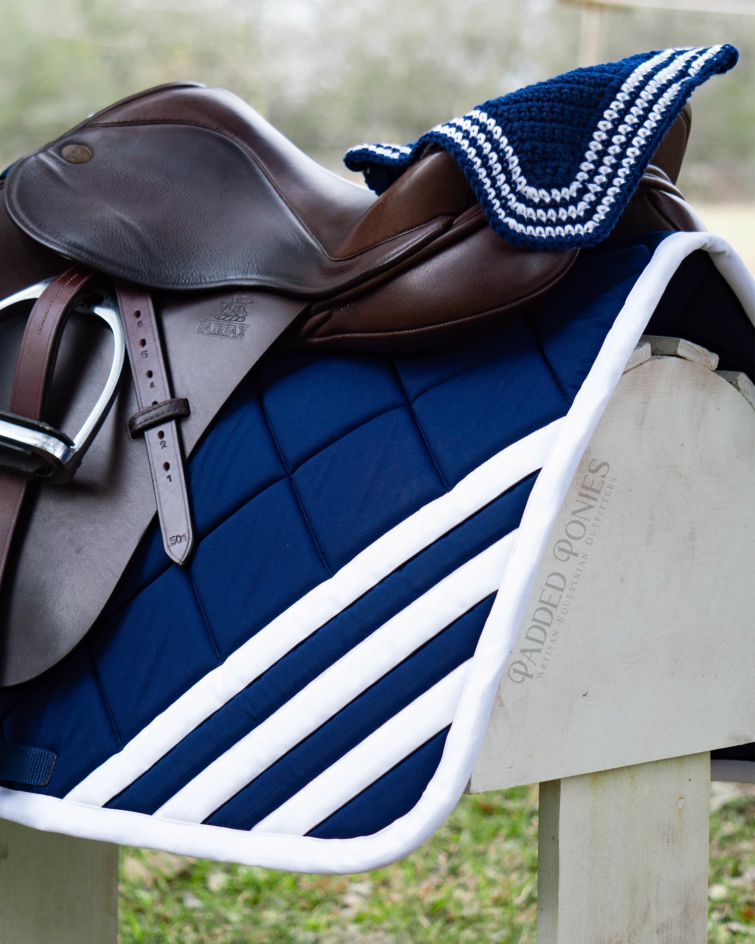 Navy Blue and White Stripe Trim Horse Fly Veil Bonnet and Matching Jump Saddle Pad